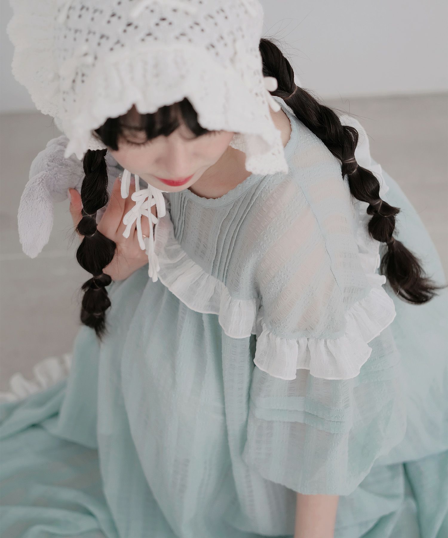 ギンガムチェック  ロング シアー フリル  ピンクベージュ/ブルーグリーン/M