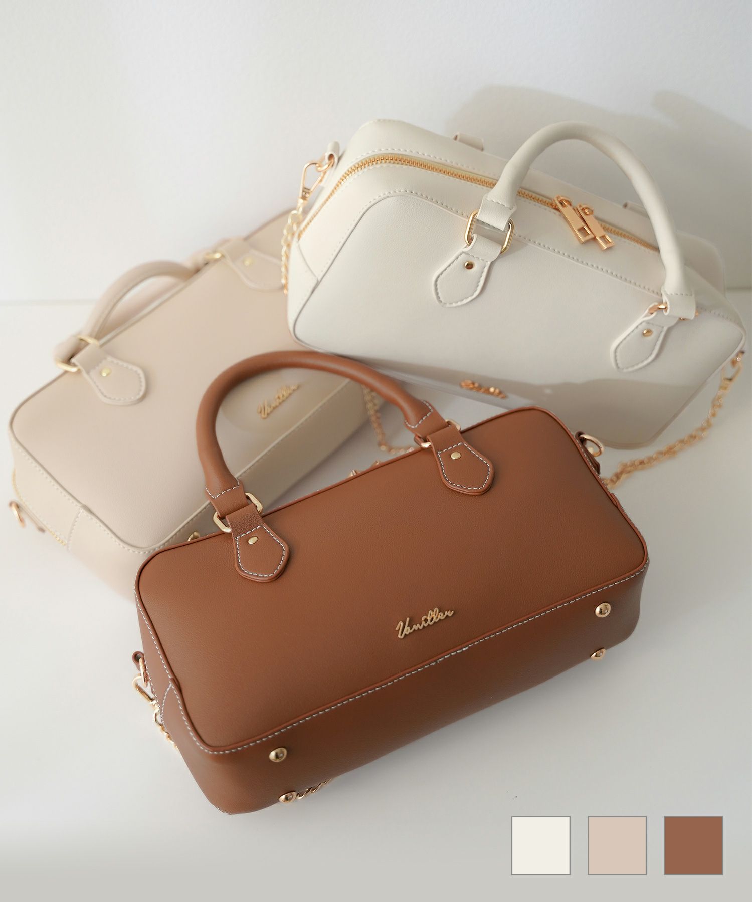 ミニワイドボストンバッグlerevevanillerホワイト/ピンクベージュ/キャメル