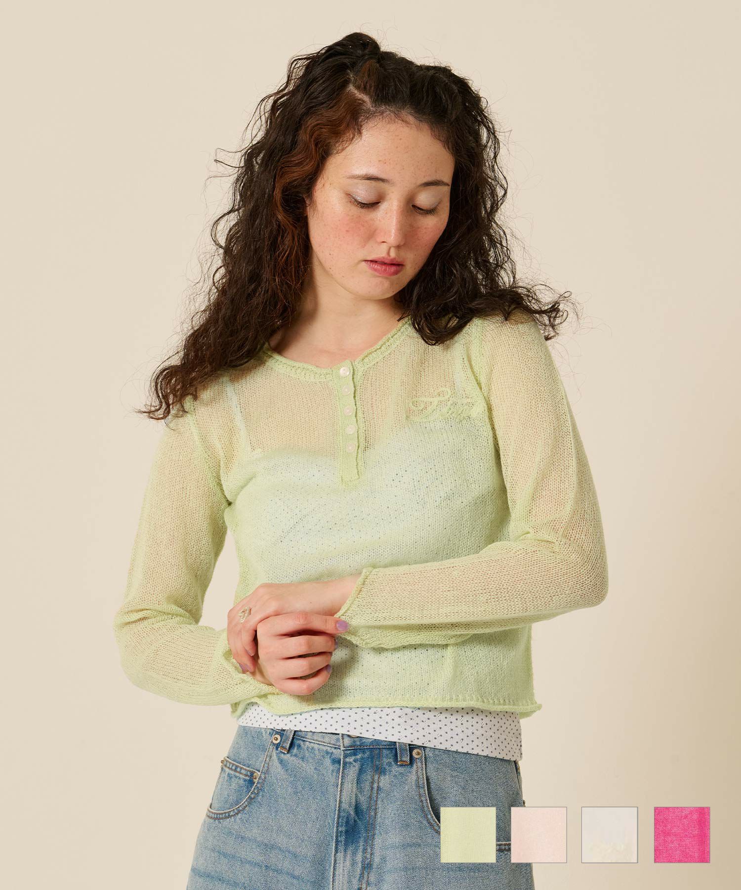 ニット/トップス/ヘンリーネック/シアー