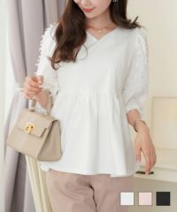 リボンスリーブ異素材ペプラムショーゼットカットソーオフホワイト/ピンク/ブラック