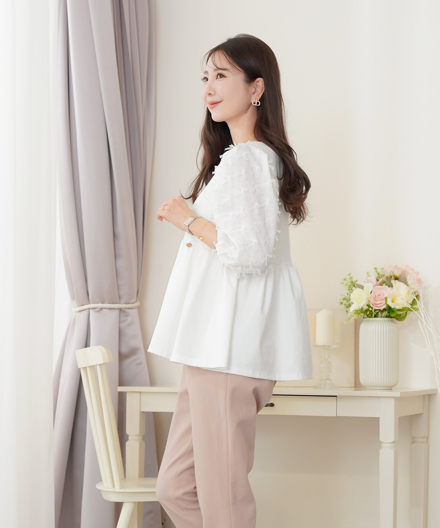 レディース/トップス/ブラウス/カットソー/ペプラム/5分袖/6分袖/半袖/夏/春/リボン/柄/チュール/異素材/伸縮/カジュアル/フェミニン/エレガント/上品/ギャザー