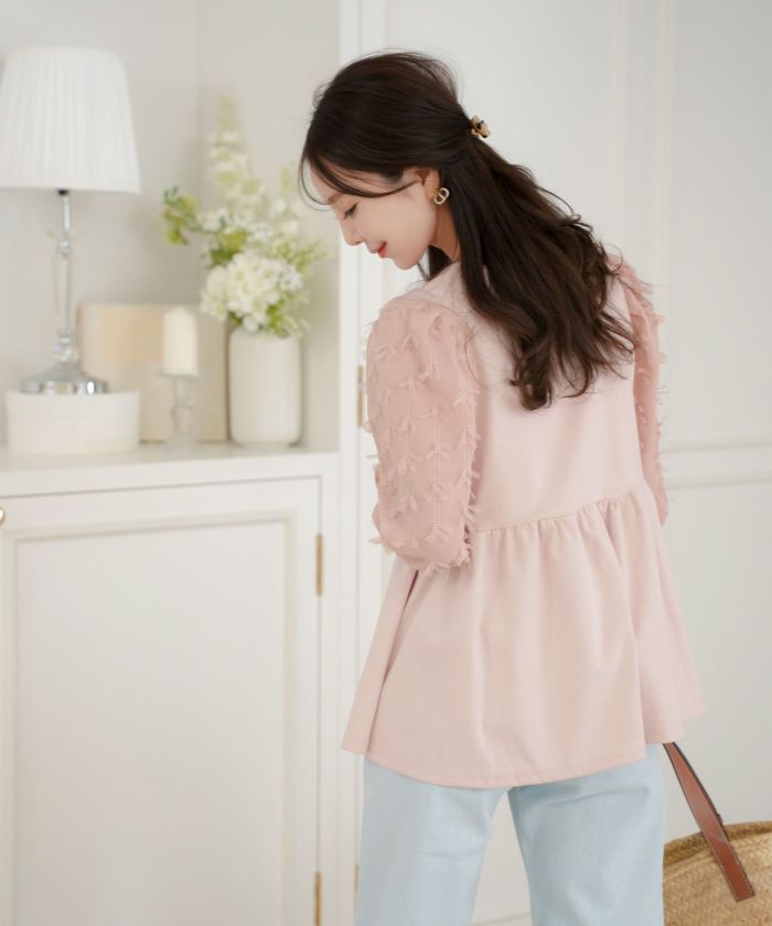 レディース/トップス/ブラウス/カットソー/ペプラム/5分袖/6分袖/半袖/夏/春/リボン/柄/チュール/異素材/伸縮/カジュアル/フェミニン/エレガント/上品/ギャザー