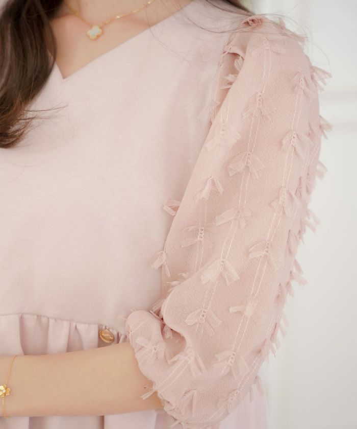レディース/トップス/ブラウス/カットソー/ペプラム/5分袖/6分袖/半袖/夏/春/リボン/柄/チュール/異素材/伸縮/カジュアル/フェミニン/エレガント/上品/ギャザー