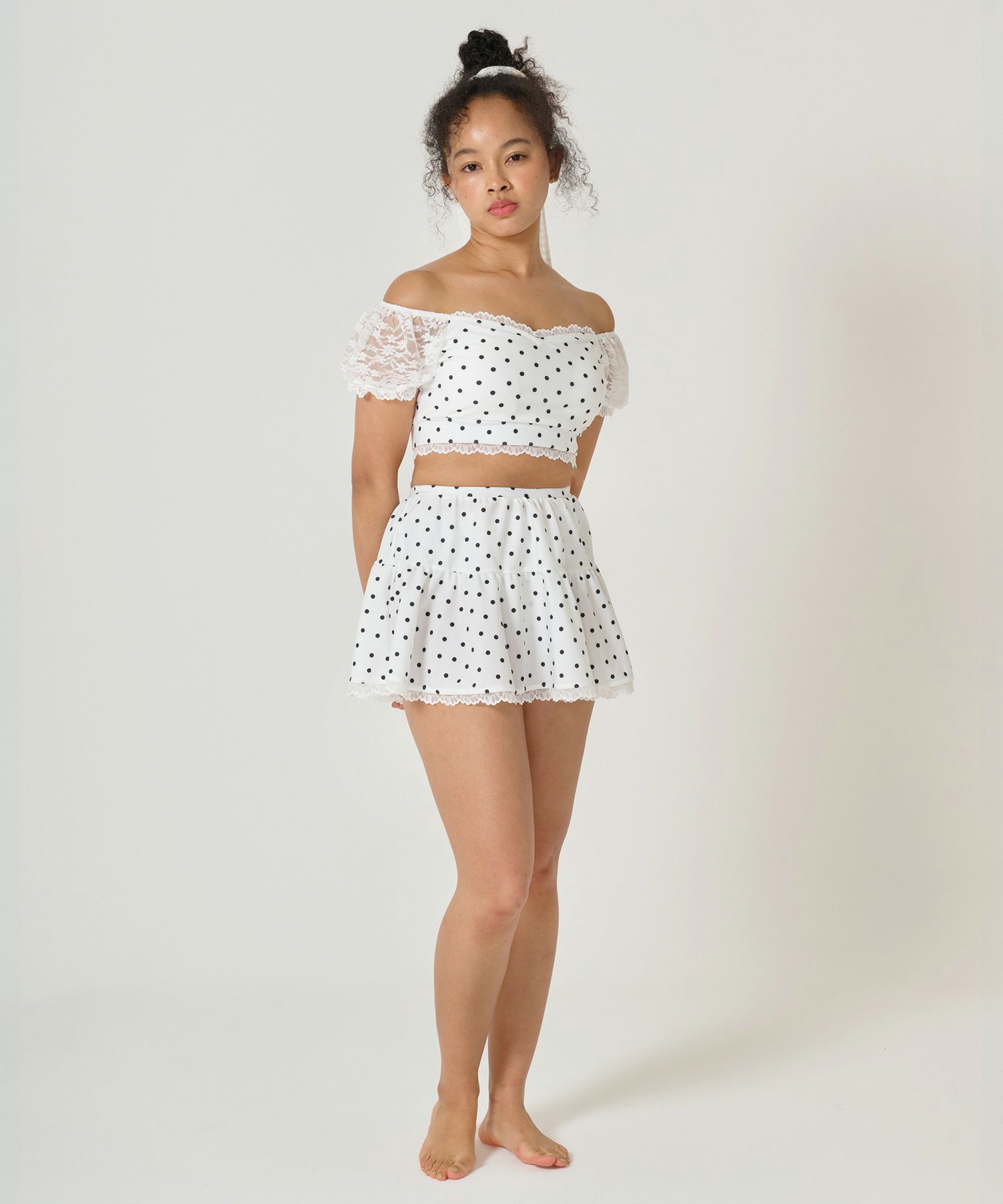 ドット柄 レーススリーブスイムウェア TINA：JOJUN 全1色｜tnj921-1028