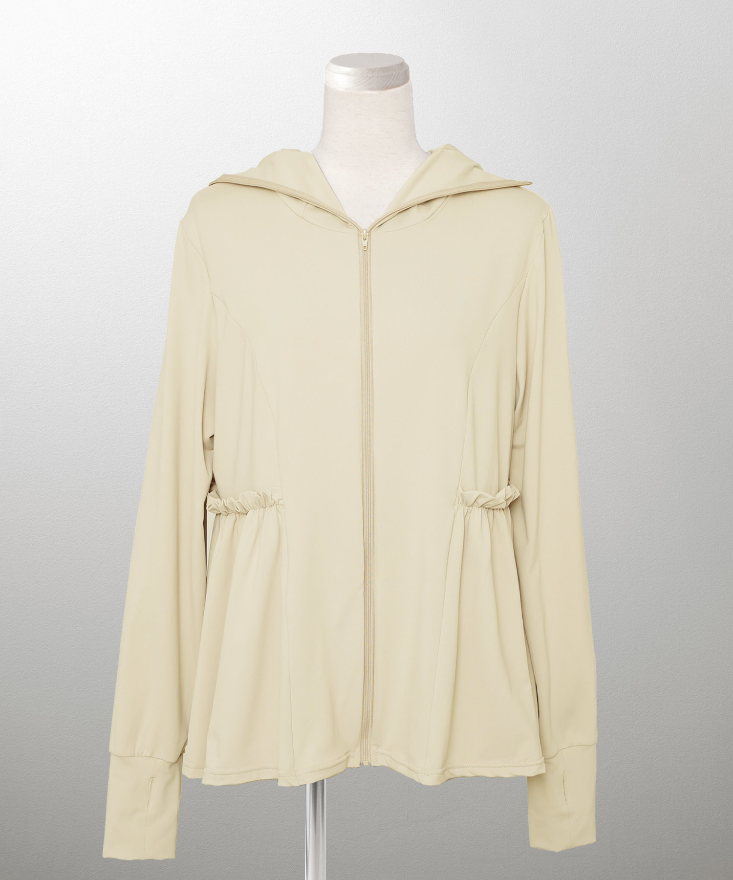 レディース春夏吸水速乾薄手オフィスレジャーパーカーピンク/ネイビー/ホワイト/ブラック/M/ハイネック/ペプラム/指穴/長袖