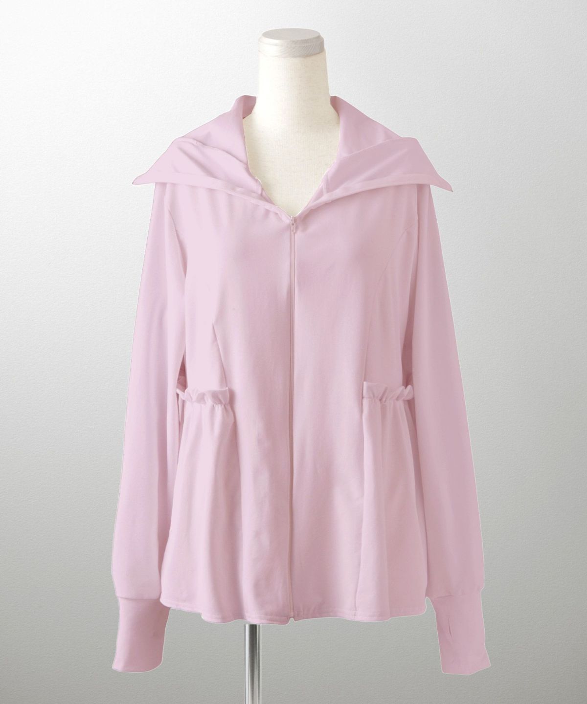 レディース春夏吸水速乾薄手オフィスレジャーパーカーピンク/ネイビー/ホワイト/ブラック/M/ハイネック/ペプラム/指穴/長袖