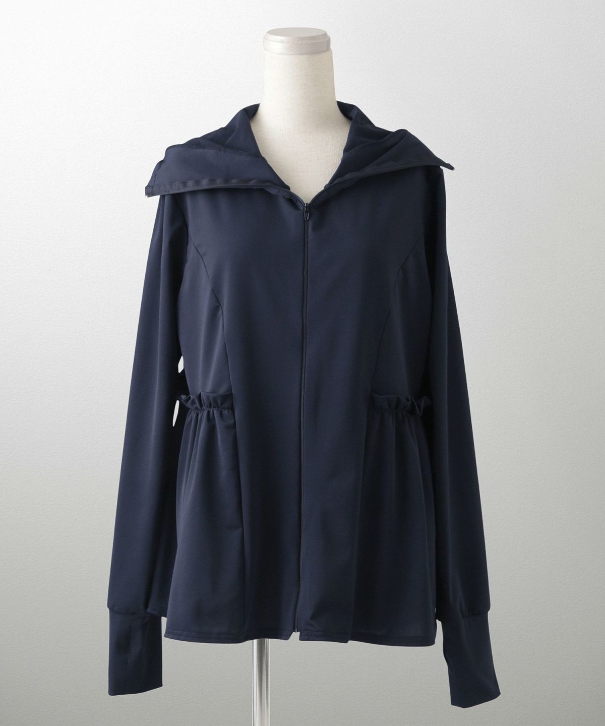 レディース春夏吸水速乾薄手オフィスレジャーパーカーピンク/ネイビー/ホワイト/ブラック/M/ハイネック/ペプラム/指穴/長袖