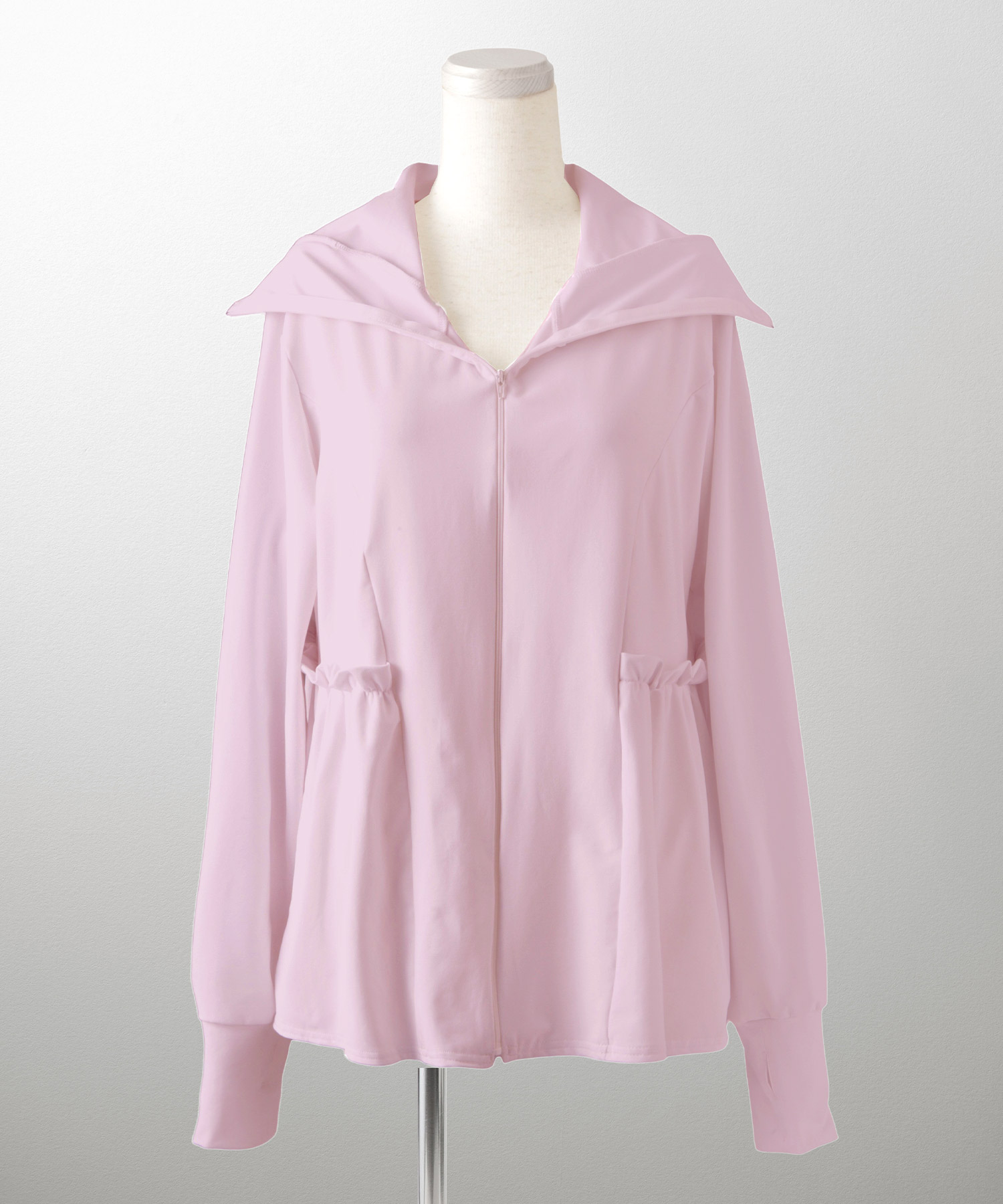 レディース春夏吸水速乾薄手オフィスレジャーパーカーピンク/ネイビー/ホワイト/ブラック/M/ハイネック/ペプラム/指穴/長袖