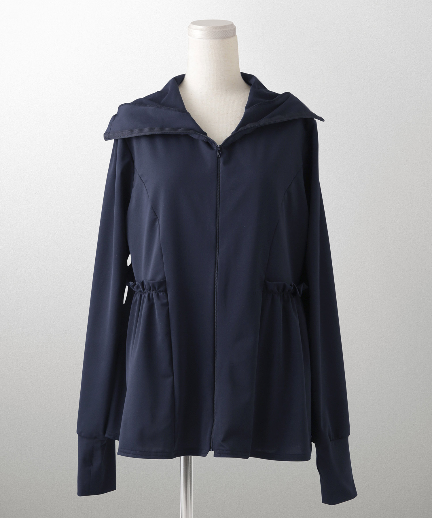 レディース春夏吸水速乾薄手オフィスレジャーパーカーピンク/ネイビー/ホワイト/ブラック/M/ハイネック/ペプラム/指穴/長袖