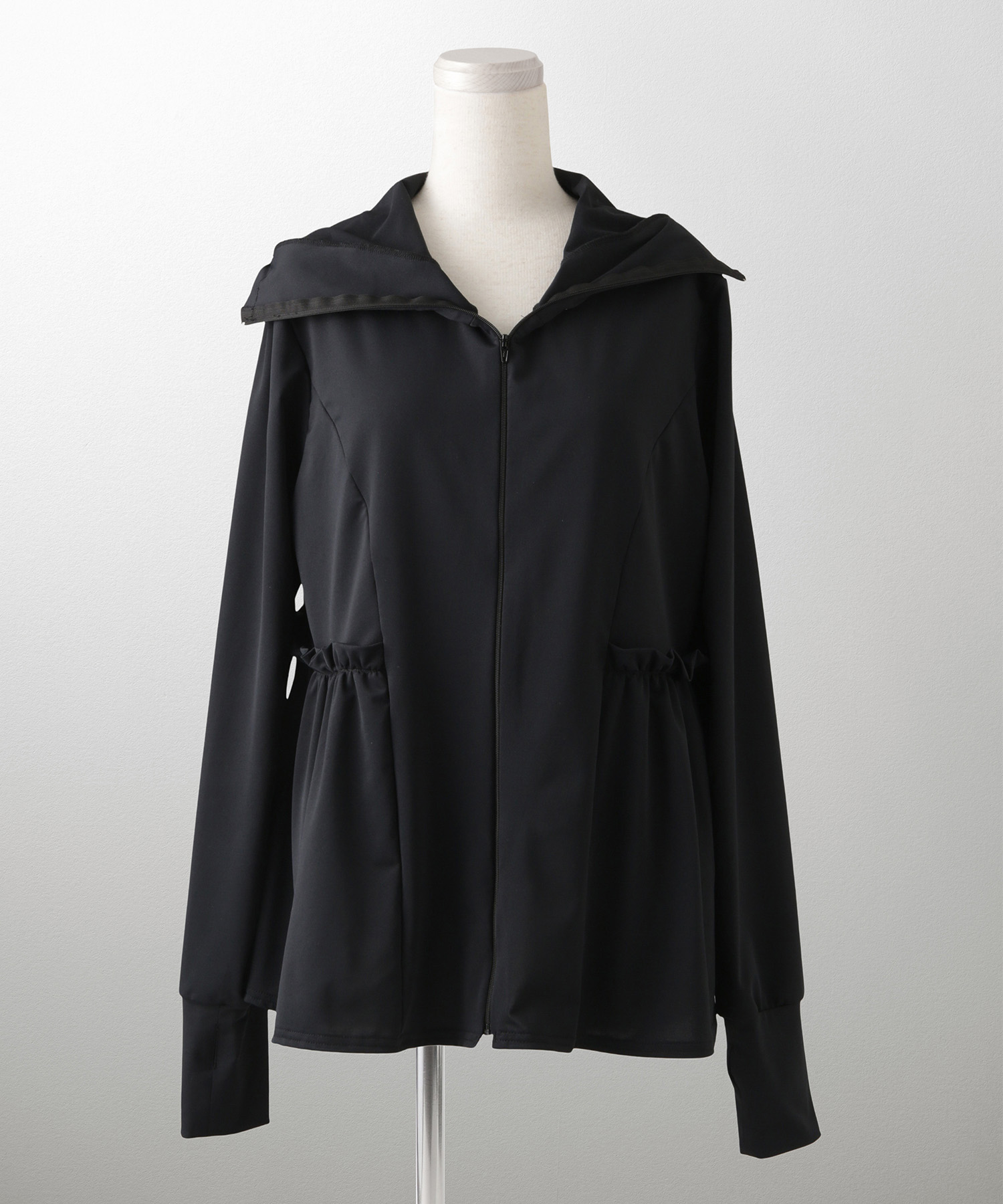 レディース春夏吸水速乾薄手オフィスレジャーパーカーピンク/ネイビー/ホワイト/ブラック/M/ハイネック/ペプラム/指穴/長袖