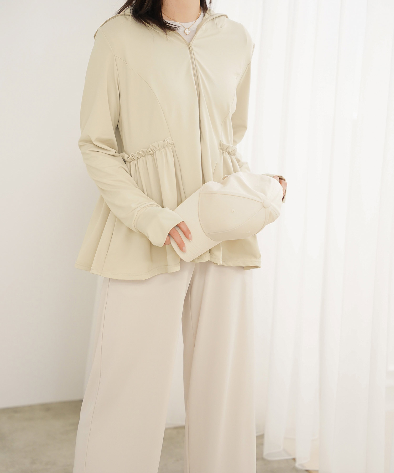 レディース春夏吸水速乾薄手オフィスレジャーパーカーピンク/ネイビー/ホワイト/ブラック/M/ハイネック/ペプラム/指穴/長袖