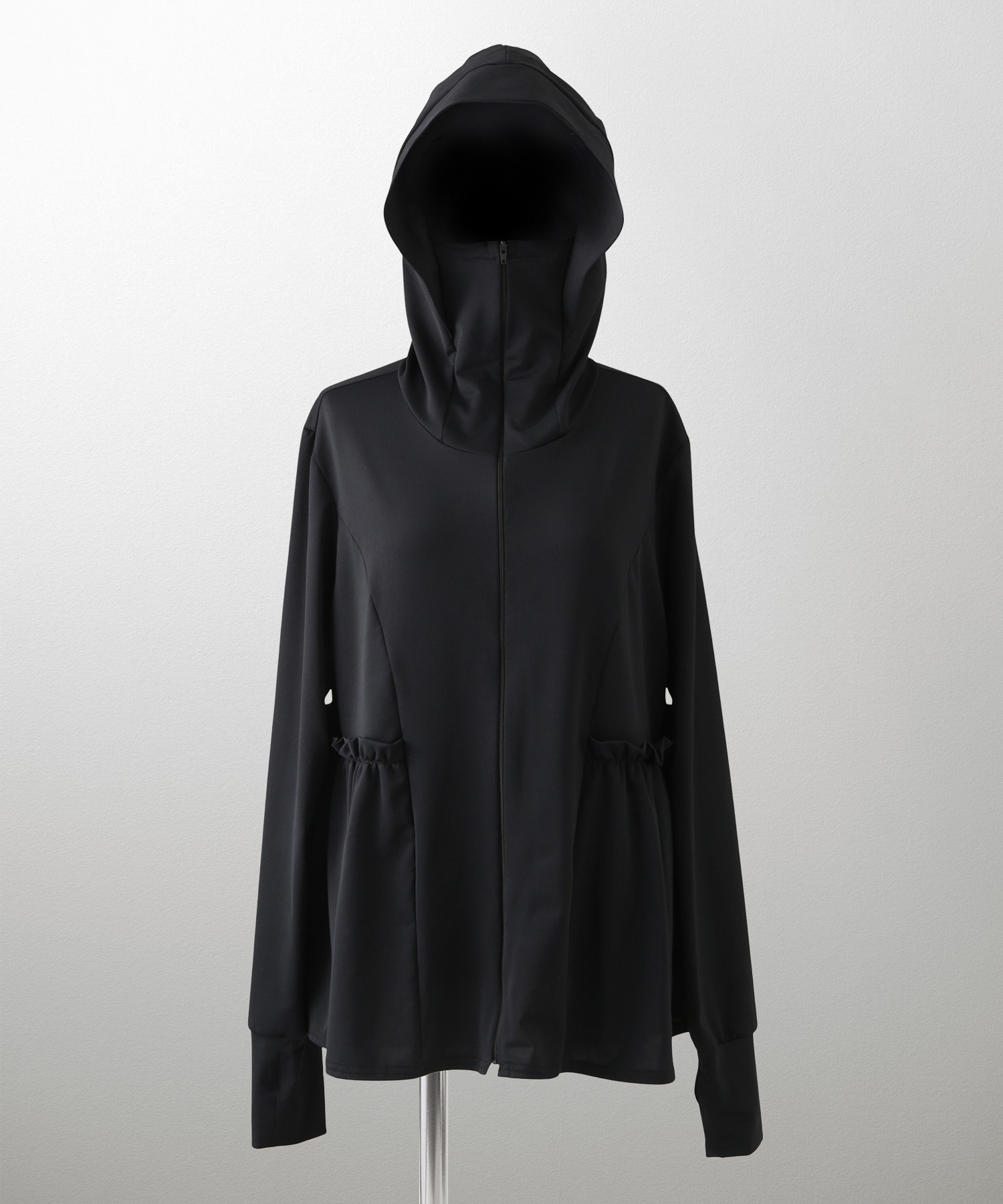 レディース 春 夏 吸水速乾 薄手 オフィス レジャー パーカー ホワイト/ブラック/M/ハイネック/ペプラム/指穴/長袖