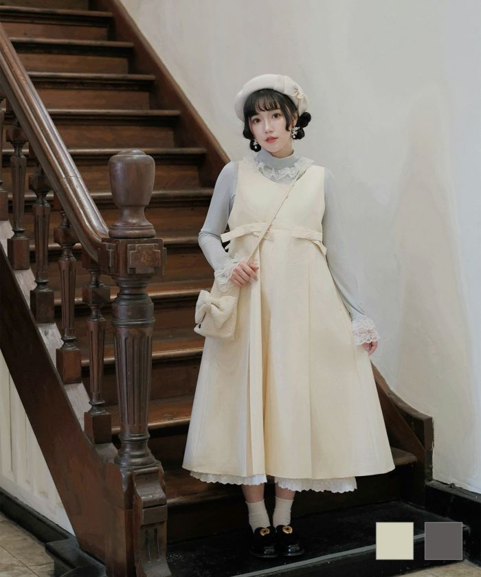 ボックス プリーツ ワンピース miolite アイボリー チャコール