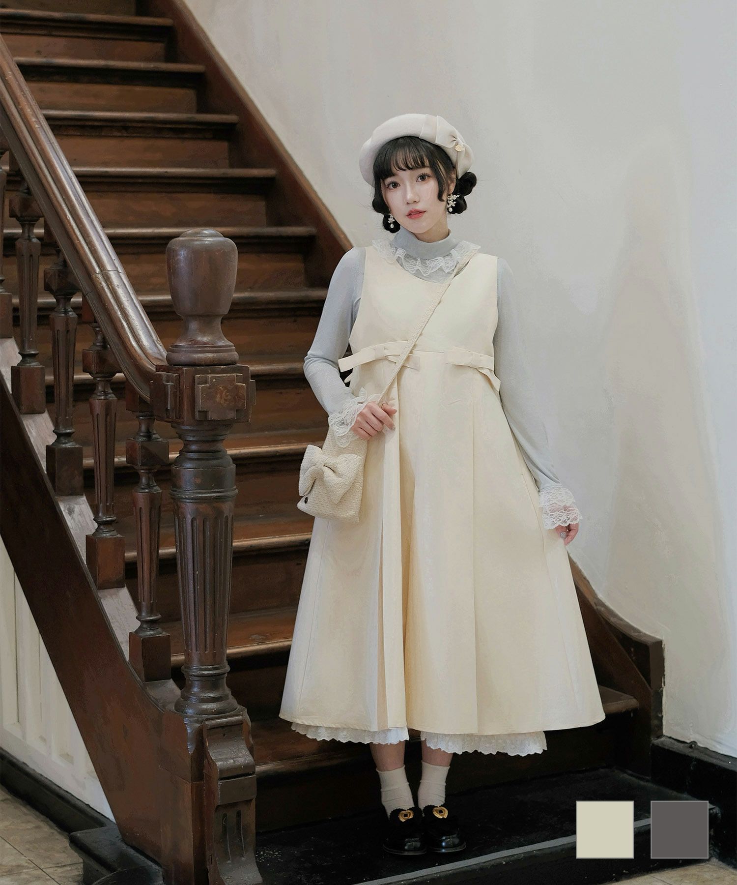 ボックス プリーツ ワンピース miolite アイボリー チャコール