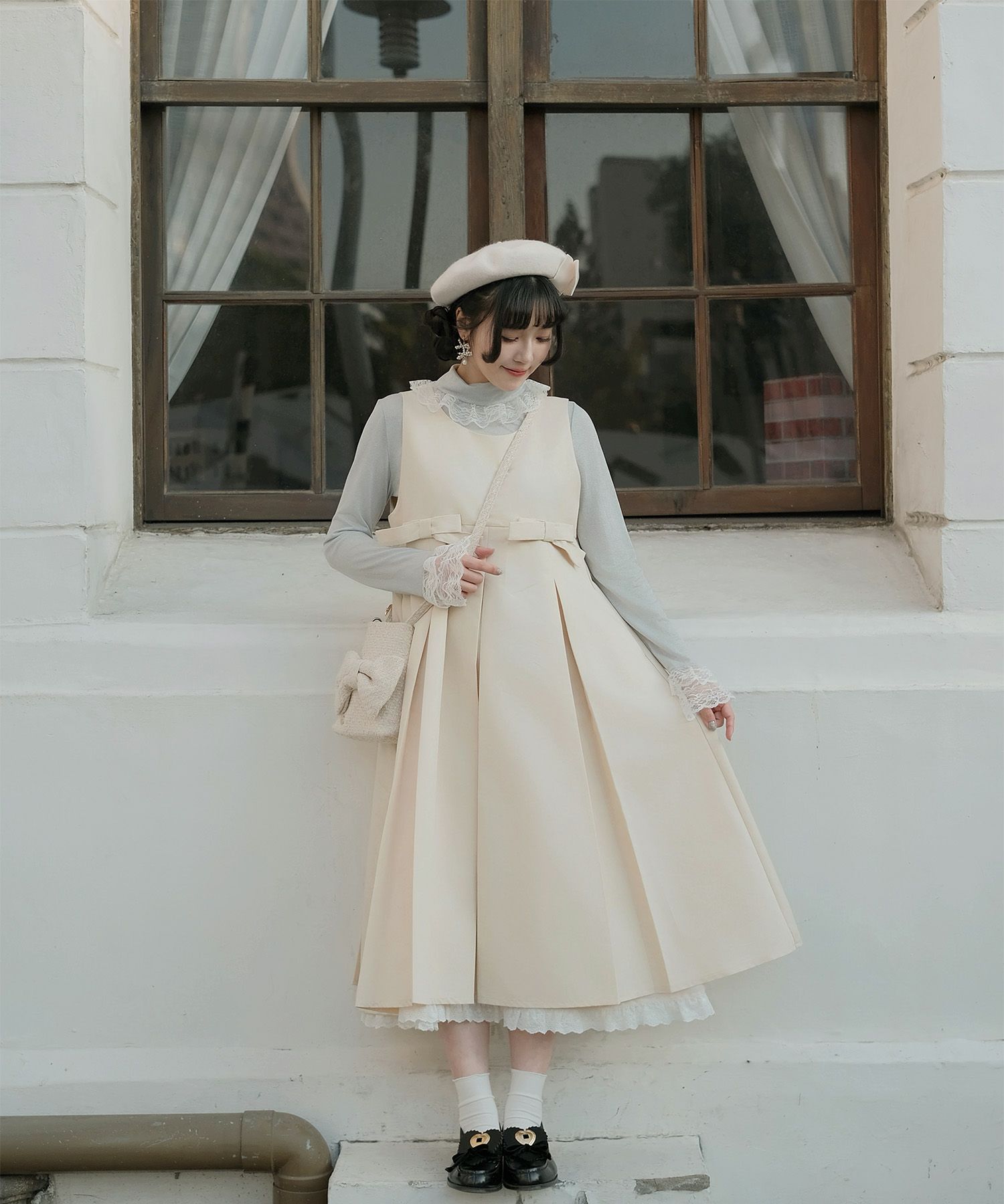 ボックスプリーツ クラシカル コットンレース ハイウエスト ロングワンピース アイボリー/チャコール/M