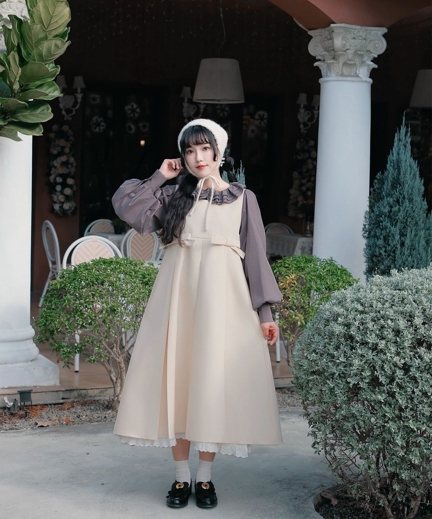 ボックスプリーツ クラシカル コットンレース ハイウエスト ロングワンピース アイボリー/チャコール/M