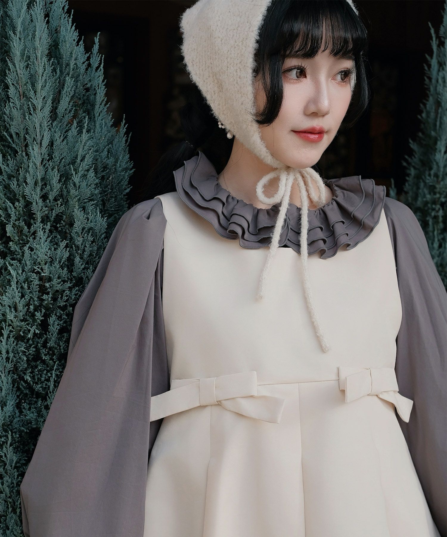 ボックスプリーツ クラシカル コットンレース ハイウエスト ロングワンピース アイボリー/チャコール/M