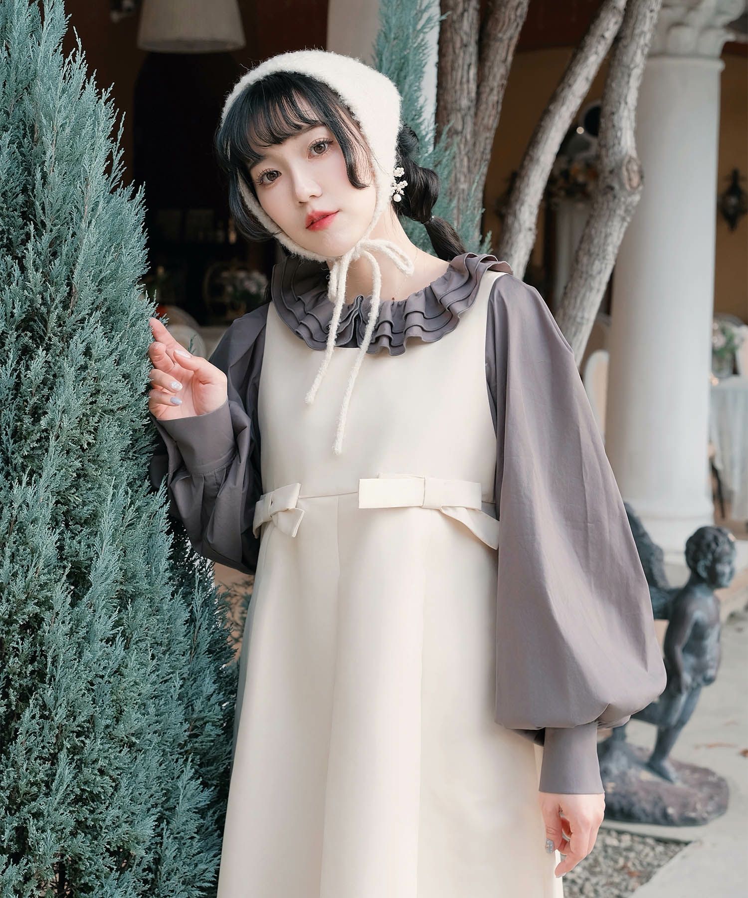 ボックスプリーツ クラシカル コットンレース ハイウエスト ロングワンピース アイボリー/チャコール/M