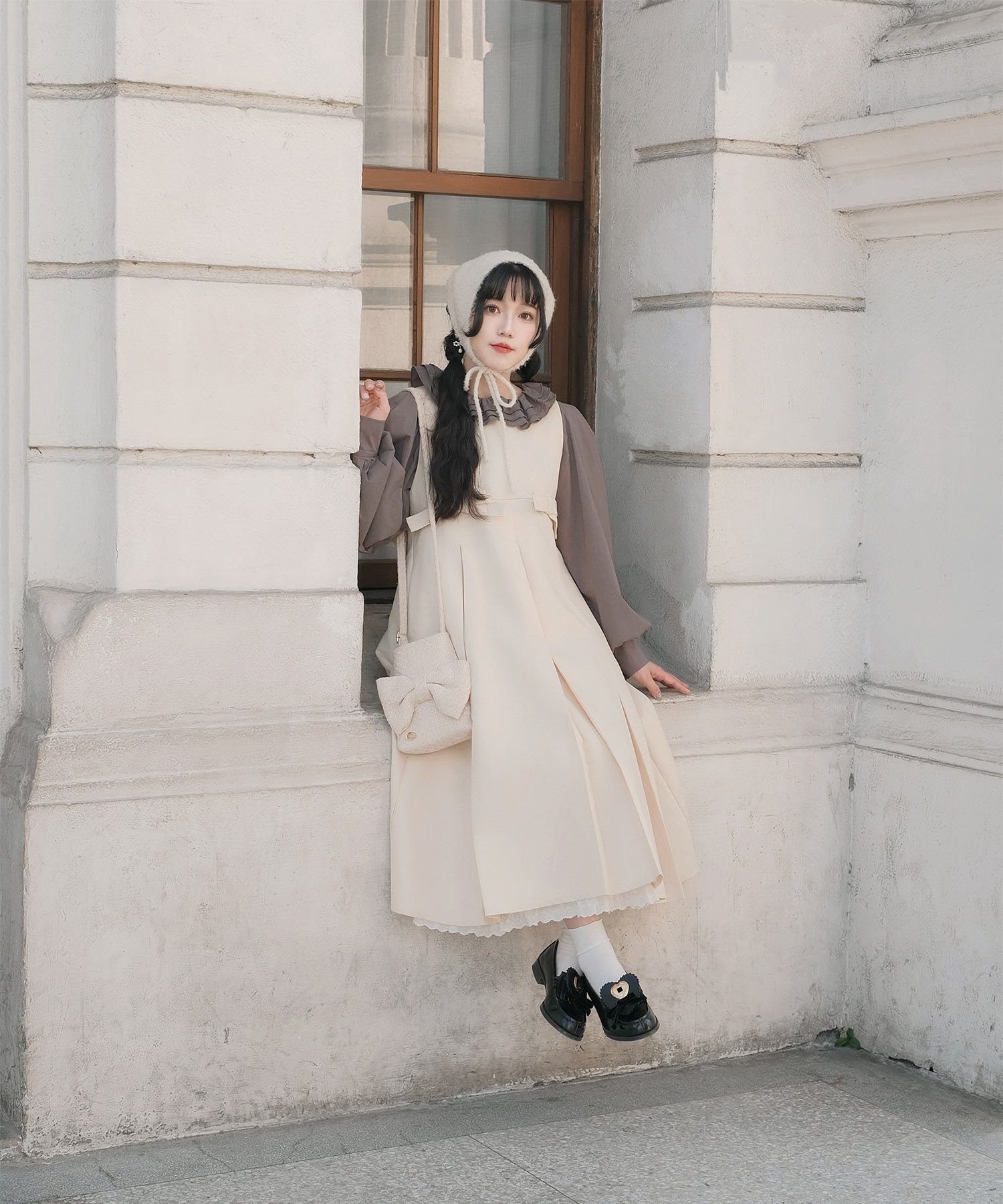 ボックスプリーツ クラシカル コットンレース ハイウエスト ロングワンピース アイボリー/チャコール/M