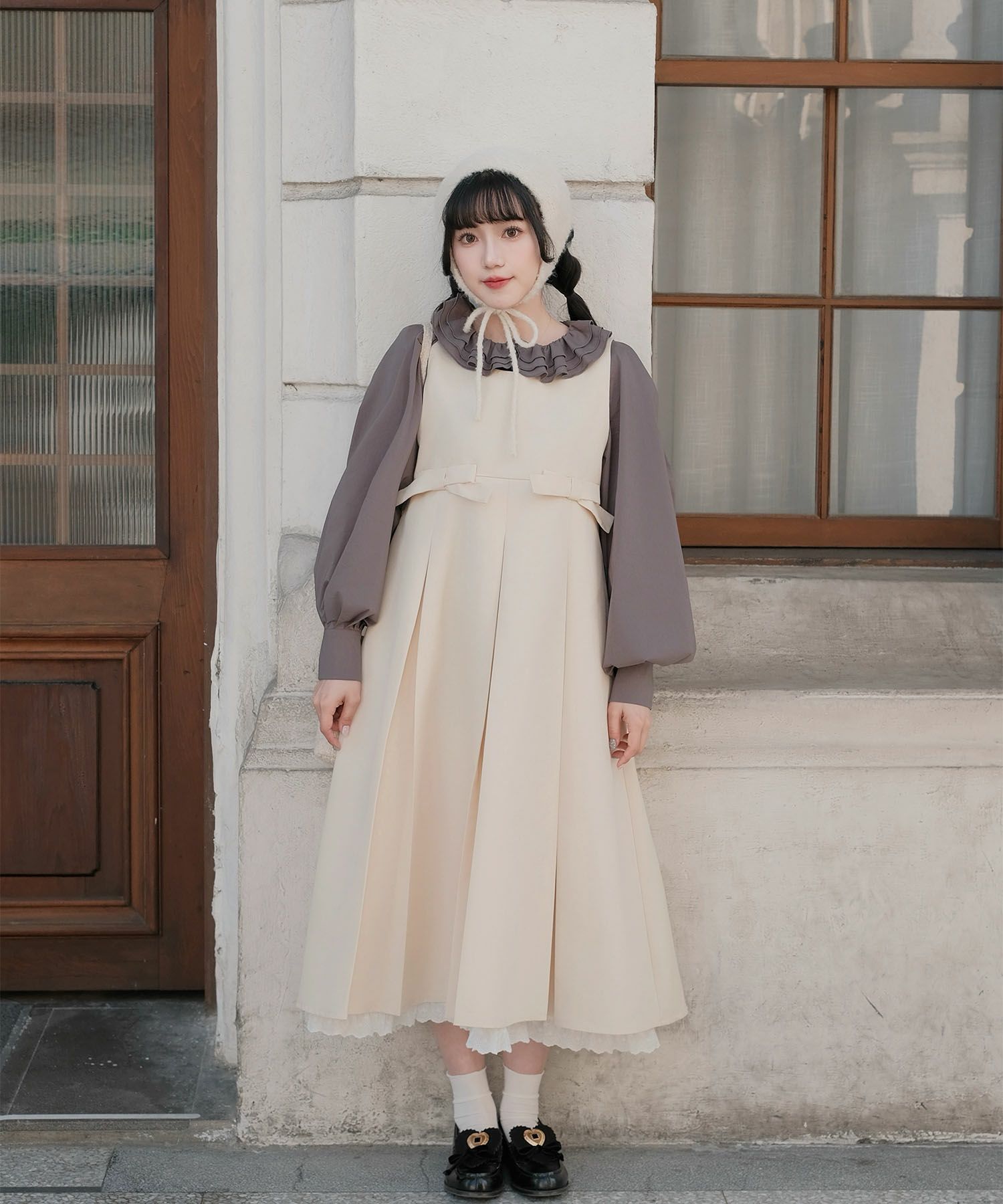 ボックスプリーツ クラシカル コットンレース ハイウエスト ロングワンピース アイボリー/チャコール/M