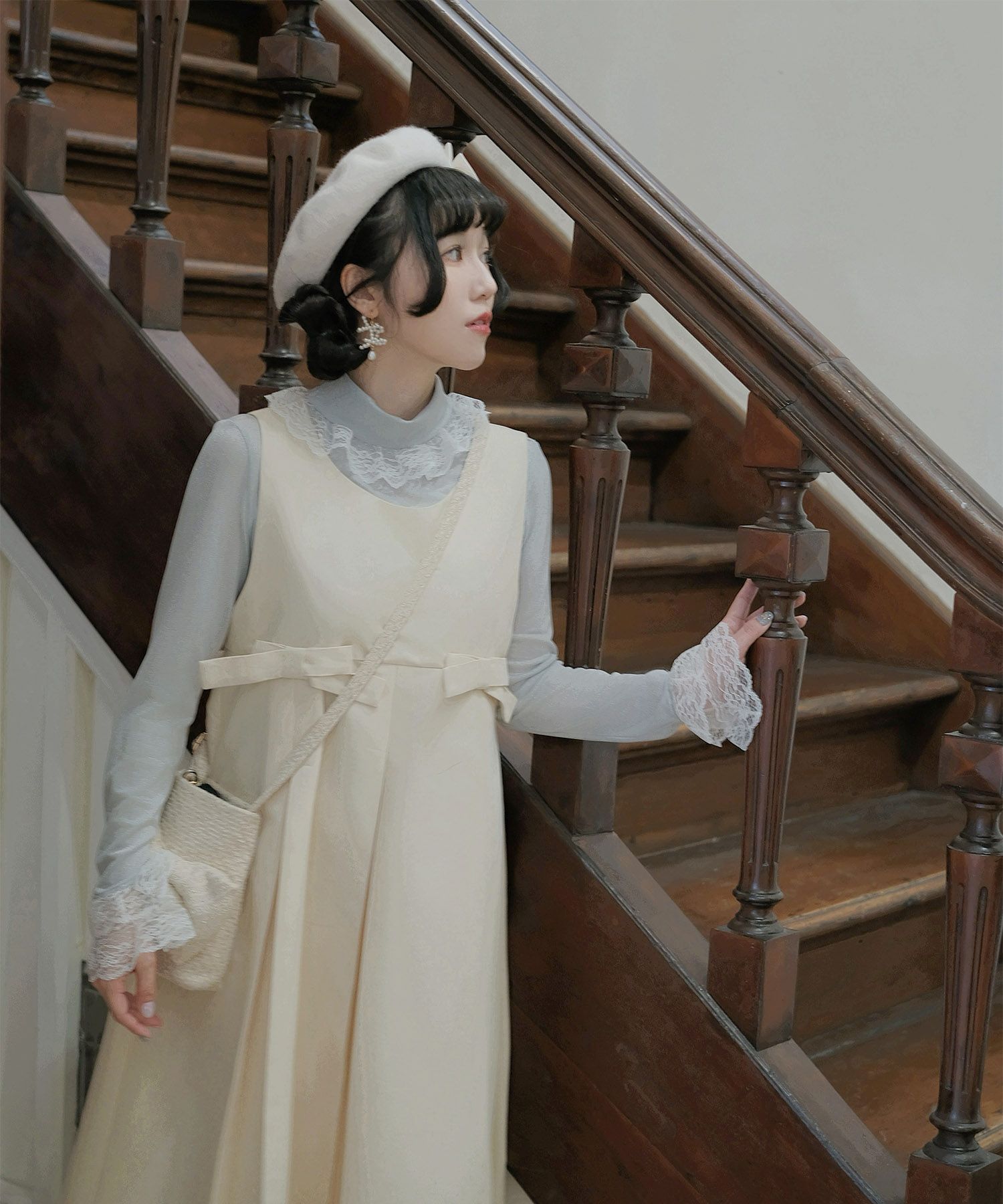 ボックスプリーツ クラシカル コットンレース ハイウエスト ロングワンピース アイボリー/チャコール/M