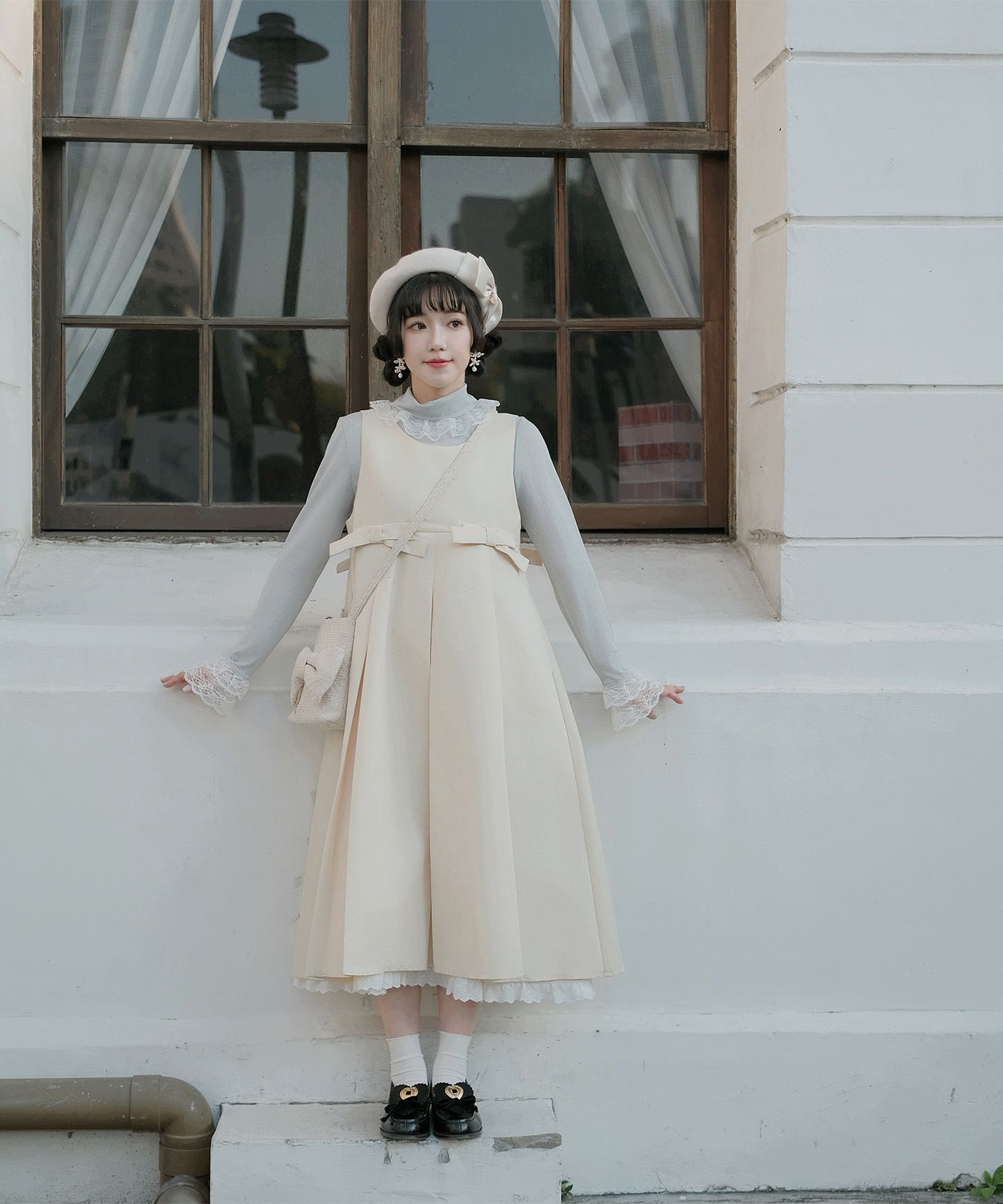 ボックスプリーツ クラシカル コットンレース ハイウエスト ロングワンピース アイボリー/チャコール/M