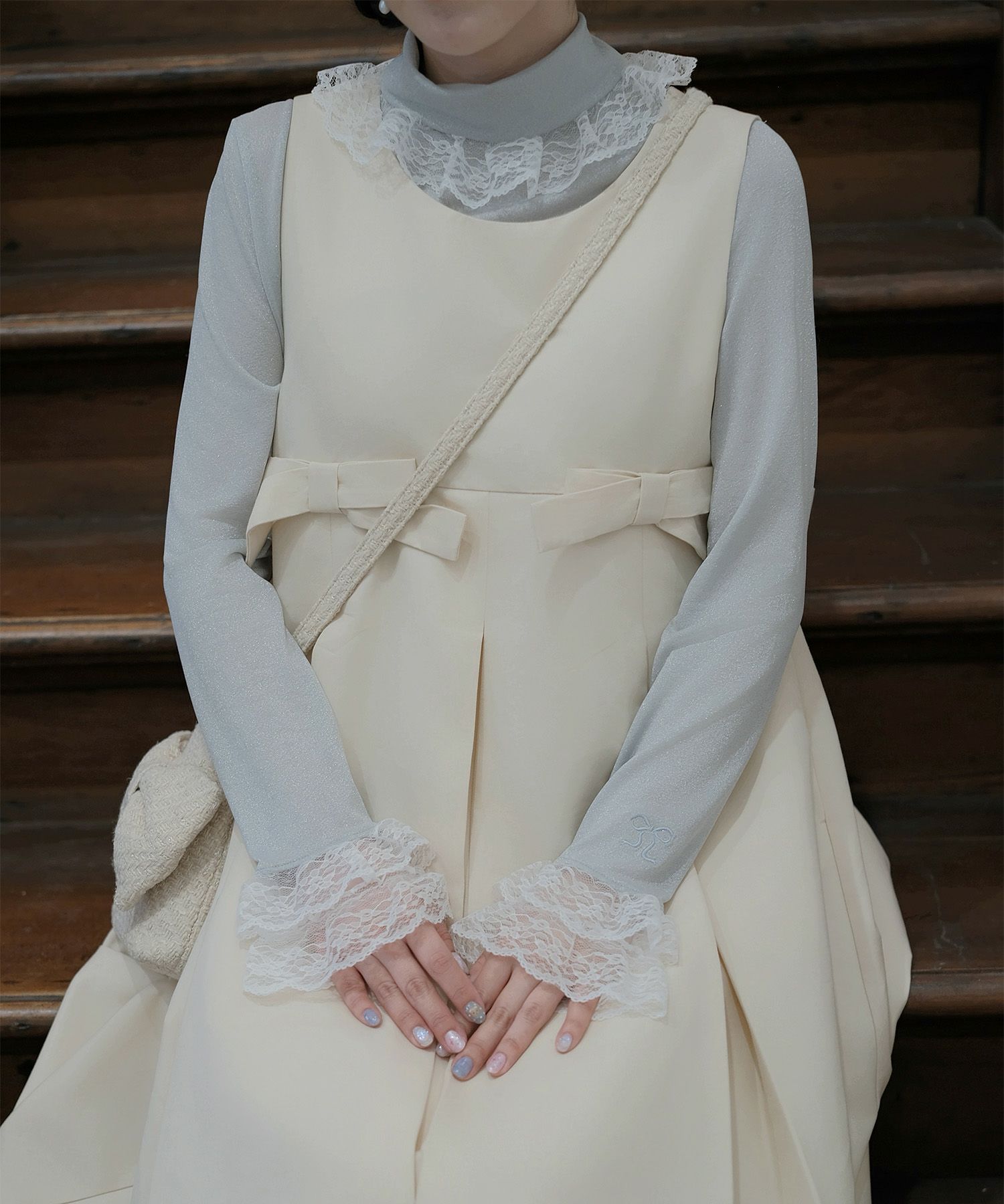 ボックスプリーツ クラシカル コットンレース ハイウエスト ロングワンピース アイボリー/チャコール/M