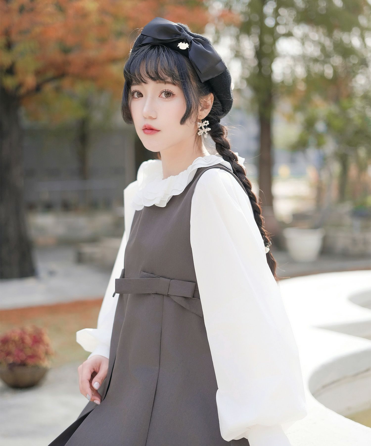 ボックスプリーツ クラシカル コットンレース ハイウエスト ロングワンピース アイボリー/チャコール/M