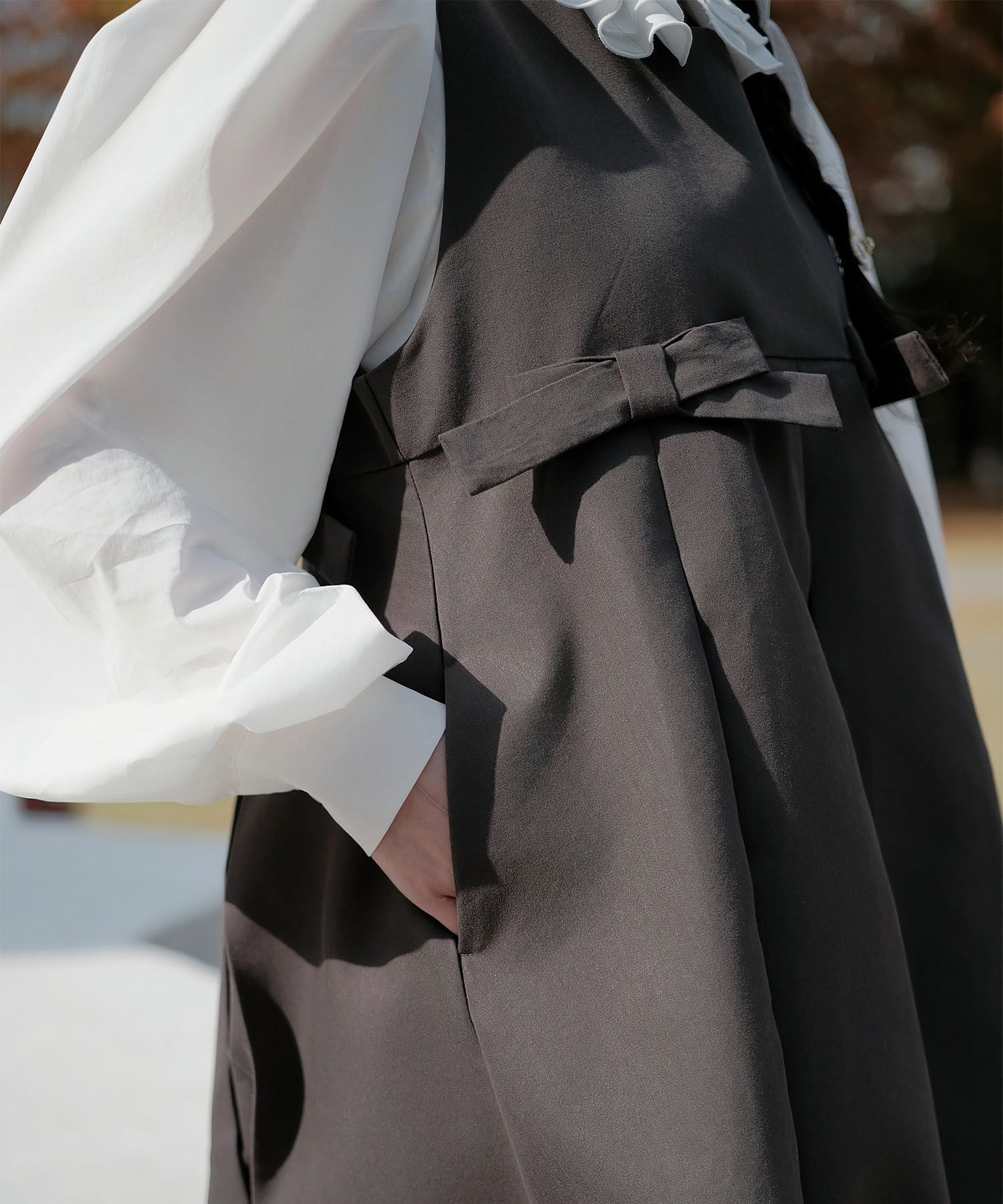 ボックスプリーツ クラシカル コットンレース ハイウエスト ロングワンピース アイボリー/チャコール/M