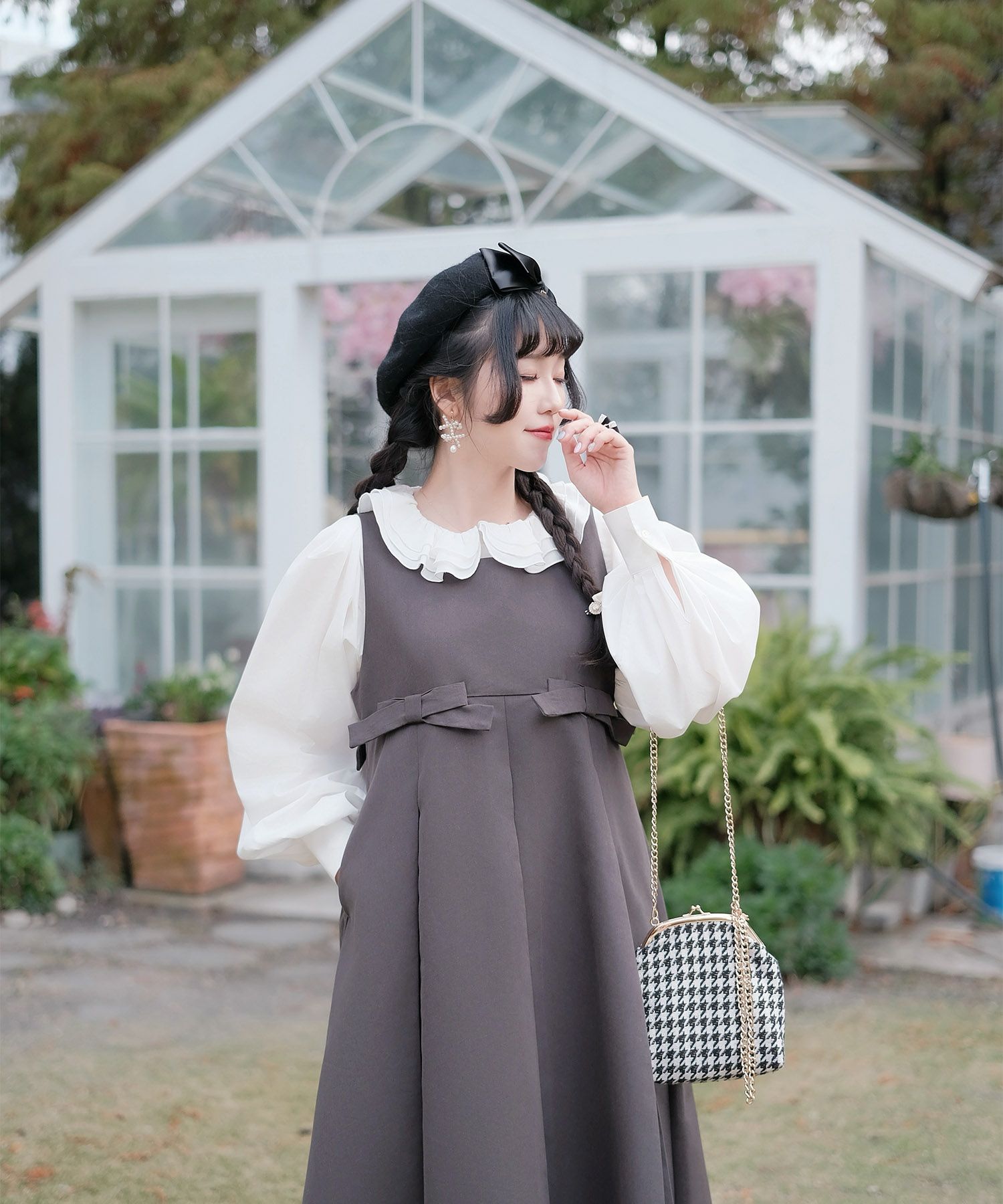 ボックスプリーツ クラシカル コットンレース ハイウエスト ロングワンピース アイボリー/チャコール/M