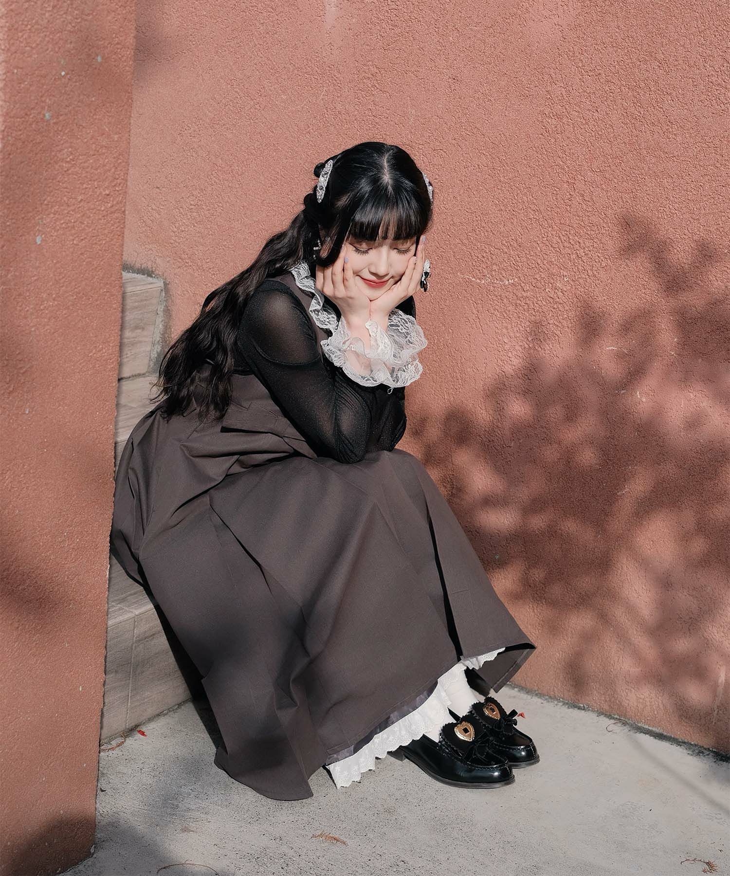 ボックスプリーツ クラシカル コットンレース ハイウエスト ロングワンピース アイボリー/チャコール/M