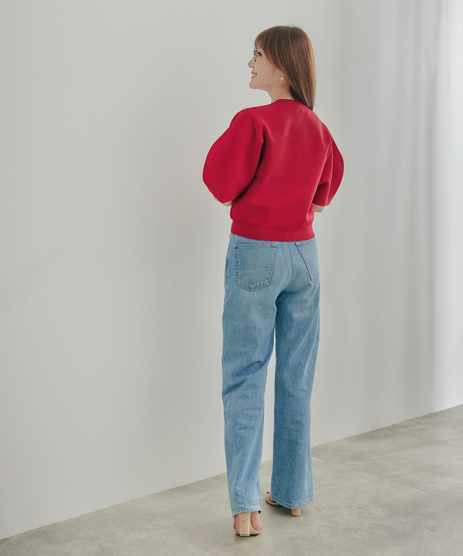 手洗い可体型カバーパフスリーブオフィスラウンドネックおしゃれフェミニン上品大人可愛いきれいめシンプルジョイントスペース