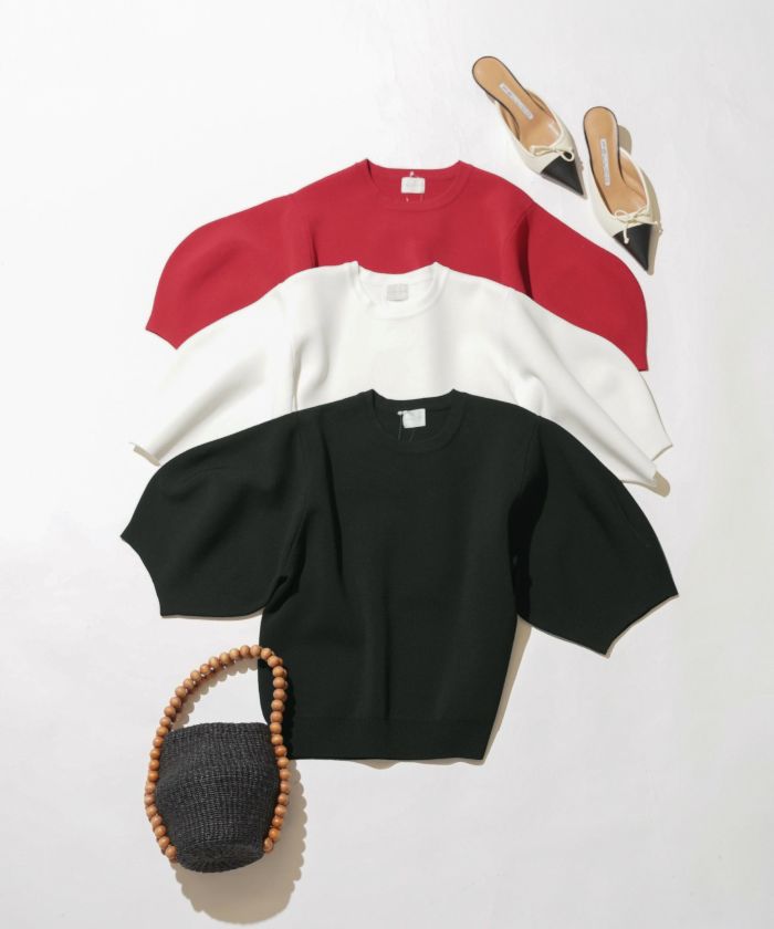 手洗い可体型カバーパフスリーブオフィスラウンドネックおしゃれフェミニン上品大人可愛いきれいめシンプルジョイントスペース