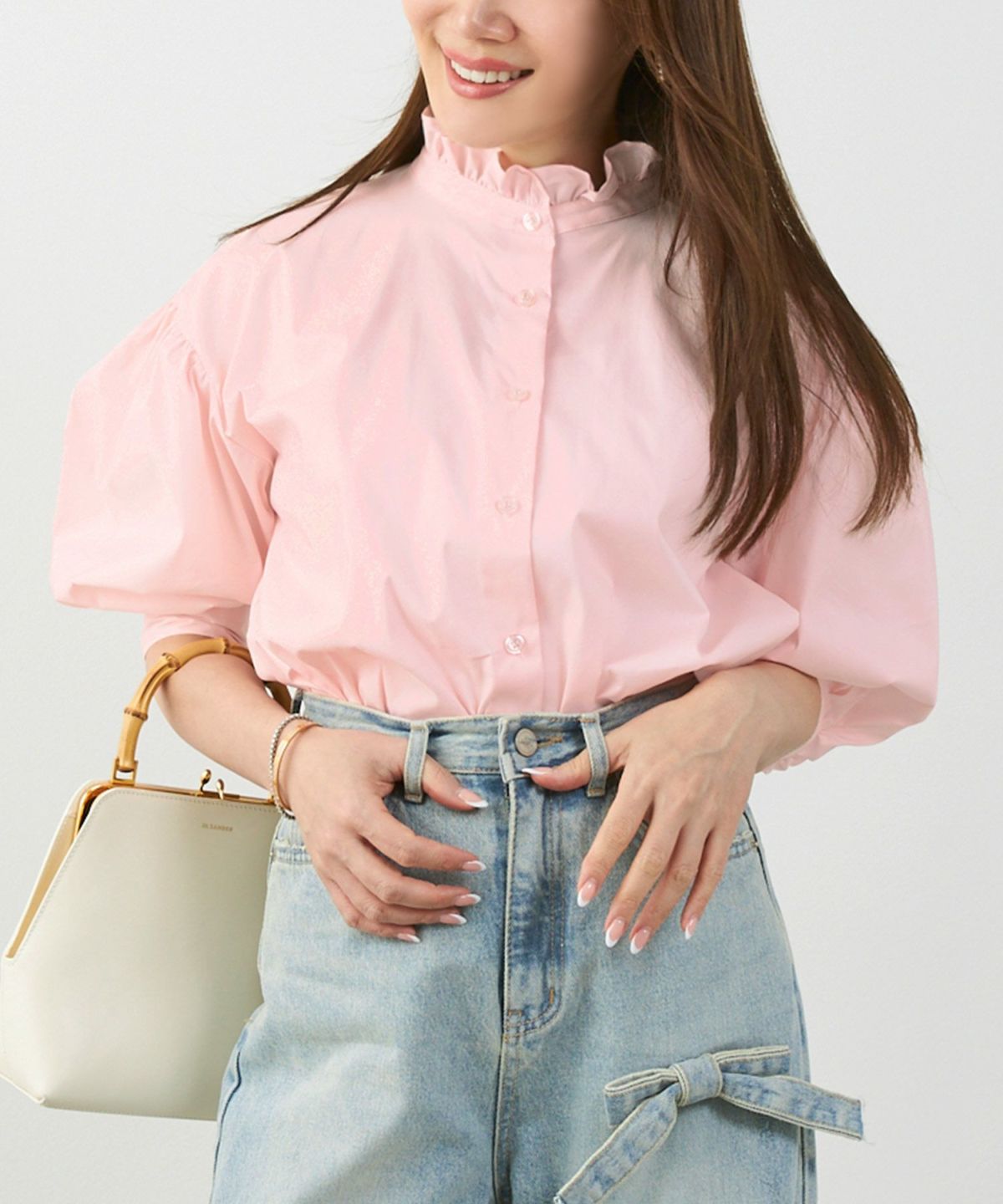 手洗い可体型カバーパフスリーブオフィスおしゃれフェミニン上品大人可愛いきれいめ春ジョイントスペース