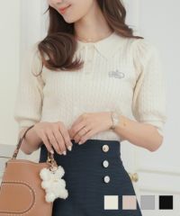 オリジナル刺繍入りバイカラーポロニットlerevevanillerアイボリー/ピンクベージュ/ブルーグレー/ブラック