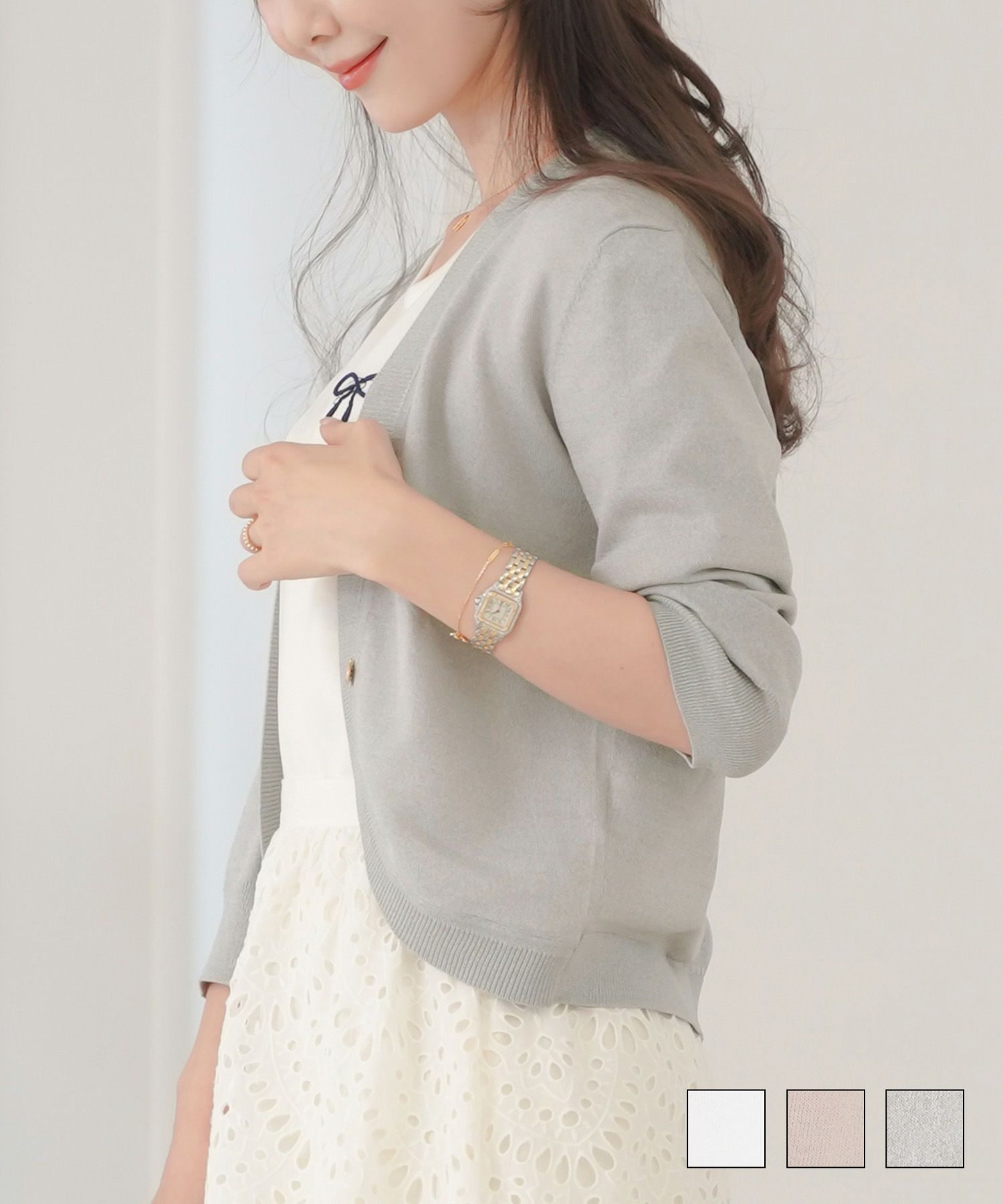 アンチピリング＆UVカットボレロニットカーディガンlerevevanillerホワイト/ピンク/ライトグレー