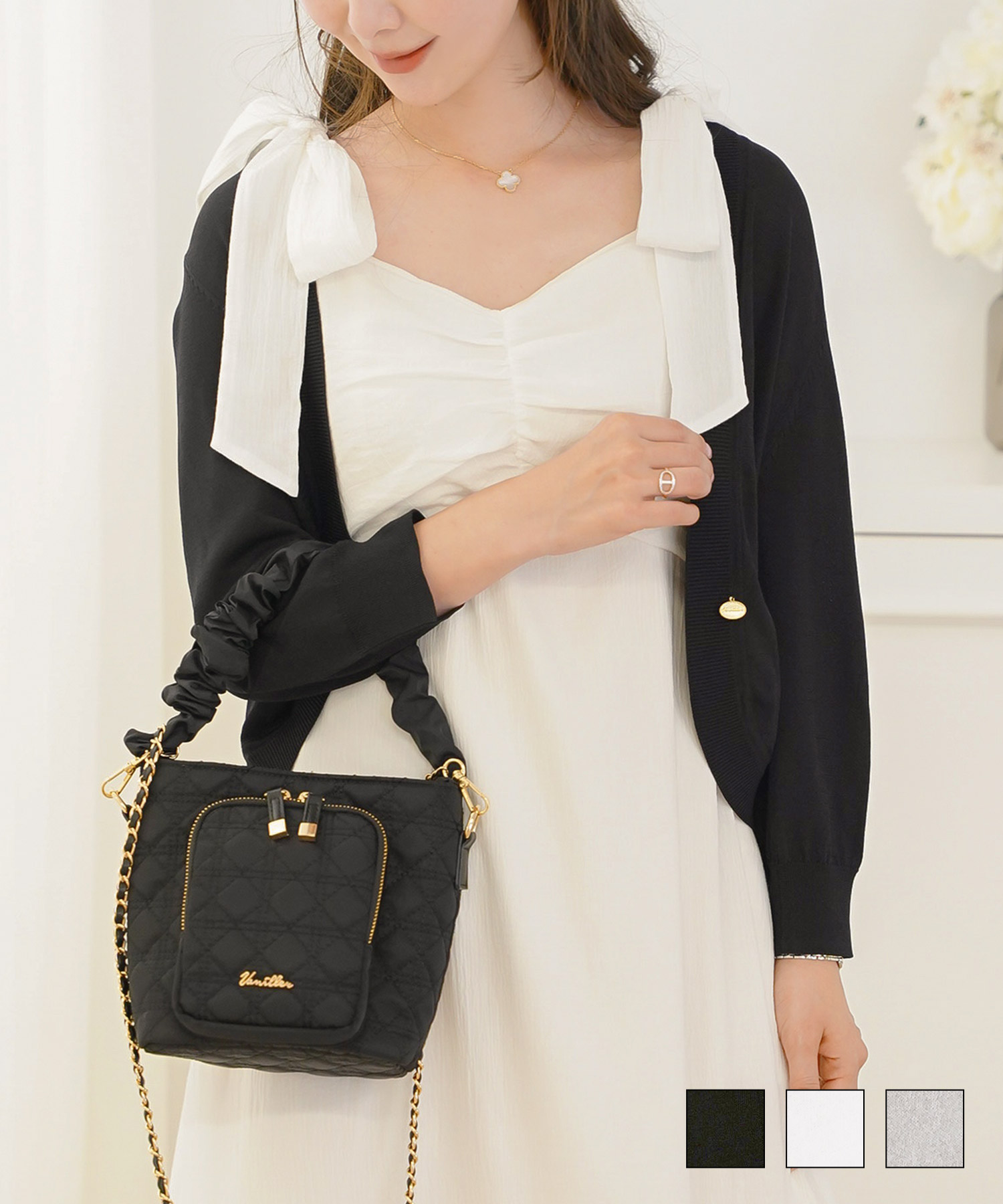 アンチピリング＆UVカットボレロニットカーディガンlerevevanillerホワイト/ピンク/ライトグレー