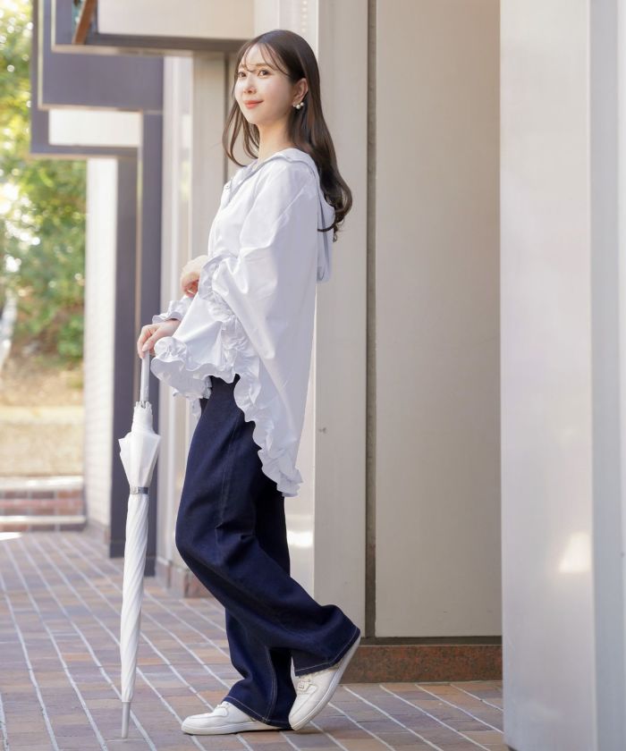 レディース/コート/ライトアウター/撥水/防風/透湿/軽量/コンパクト/畳む/おしゃれ/ポンチョ/レインコート/フリル/ポケット/フード/抱っこ/ベビー/ピンク/ブルーグレー/ネイビー/雨/台風/カッパ