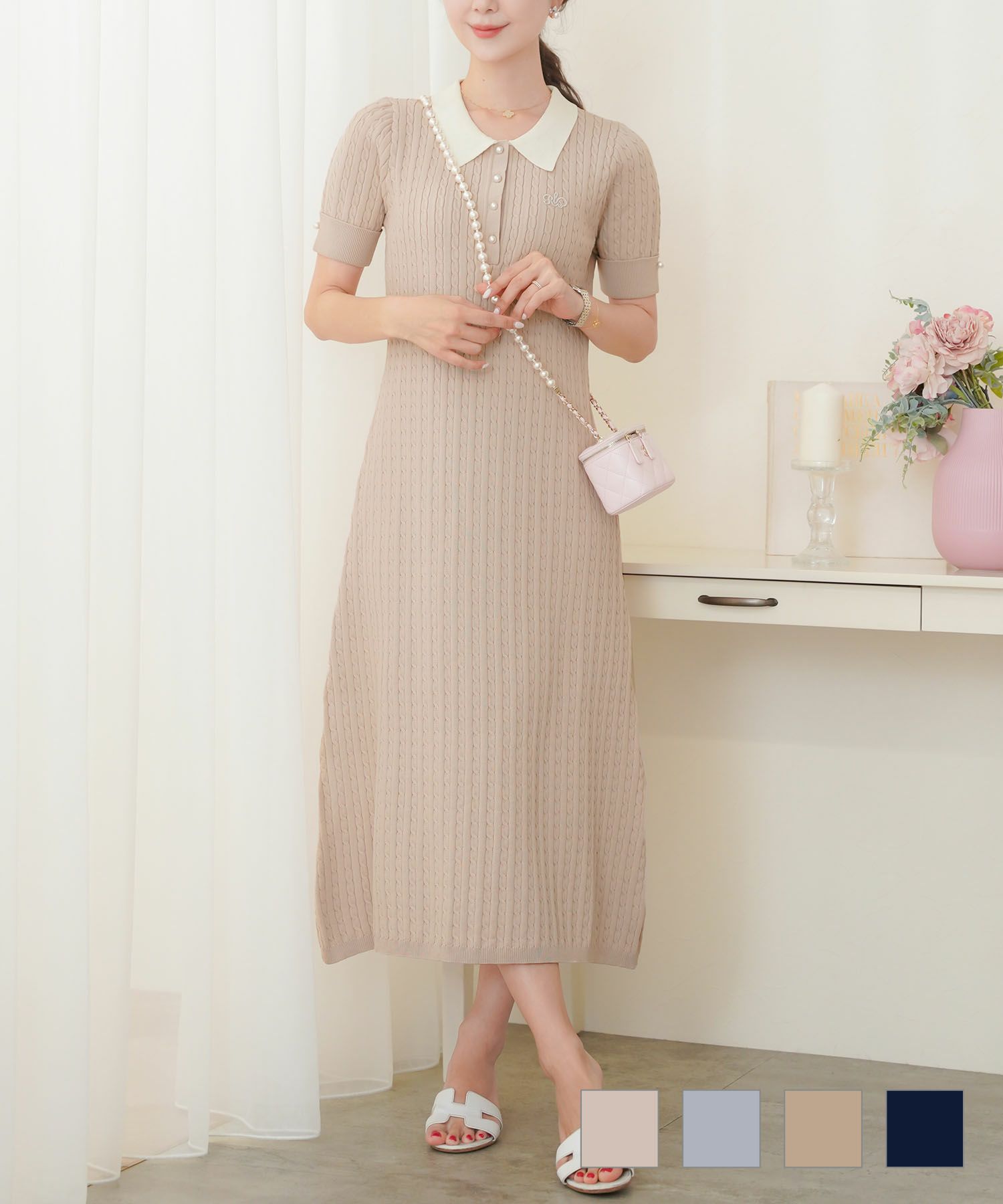 ケーブルポロニットワンピースlerevevanillerピンクベージュ/ブルーグレー/キャメル/ネイビー