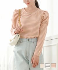 パワショルスリーブ8分袖カットソーlerevevanillerピンクベージュ/グレーボーダー/ピンクボーダー