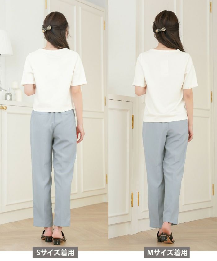 レディース/Tシャツ/トップス/夏/春/半袖/クロップド丈/ショート丈/コンパクト丈/ミディアム/普通/S/M/サイズ展開/丈違い/短め/クルーネック/キラキラ/ホットフィックス/ロゴ/トレンド/カジュアル/オフィスカジュアル/エレガント/フェミニン/上品/シンプル/