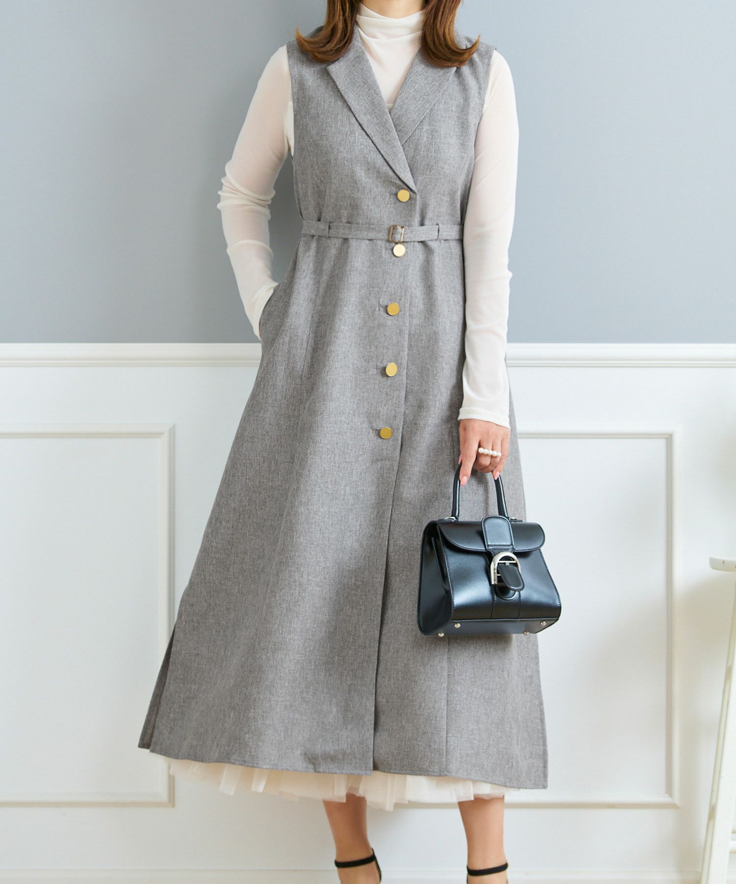 セレクトジレワンピースレディーストップステーラードきれいめオフィス春夏大人紺色ロングジョイントスペース