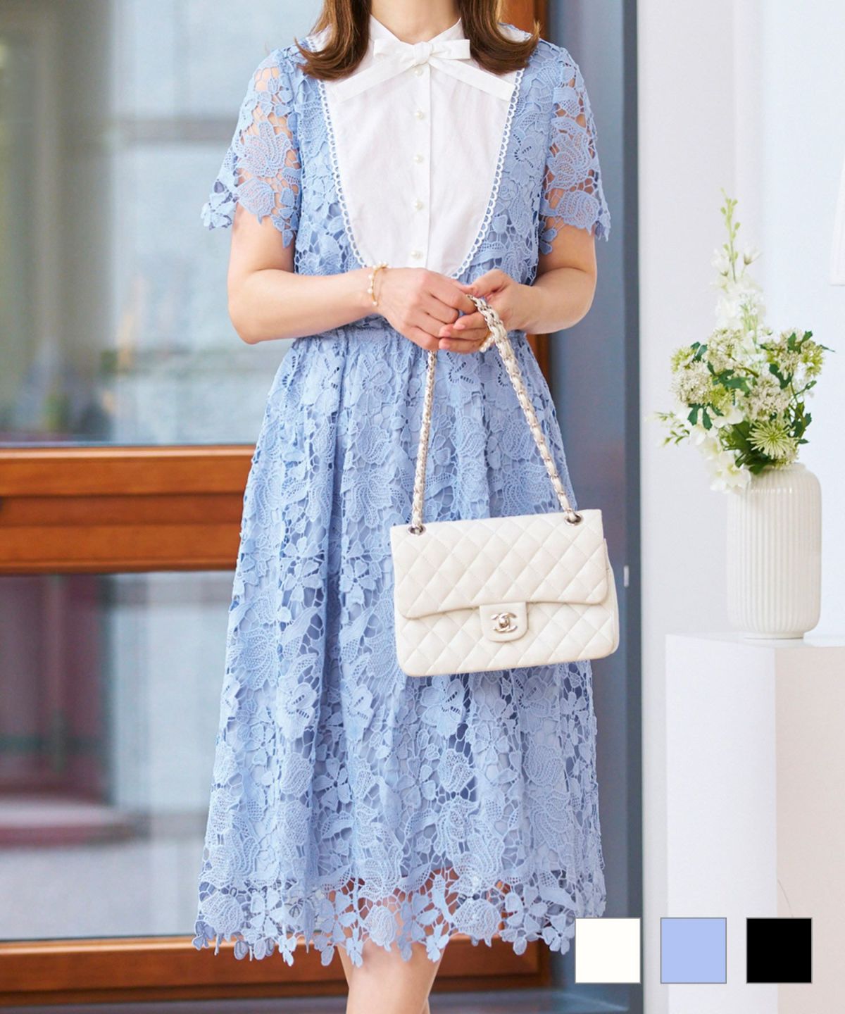 ボウタイリボン総レースワンピース半袖PrimaScherrer全3色｜psc311-0911【1】