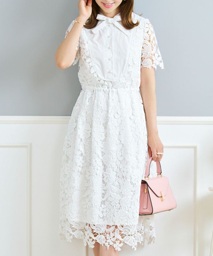 レースのワンピースレディース白黒半袖フォーマル重ね着風膝丈ウエストゴムきれいめ大人春夏ジョイントスペース