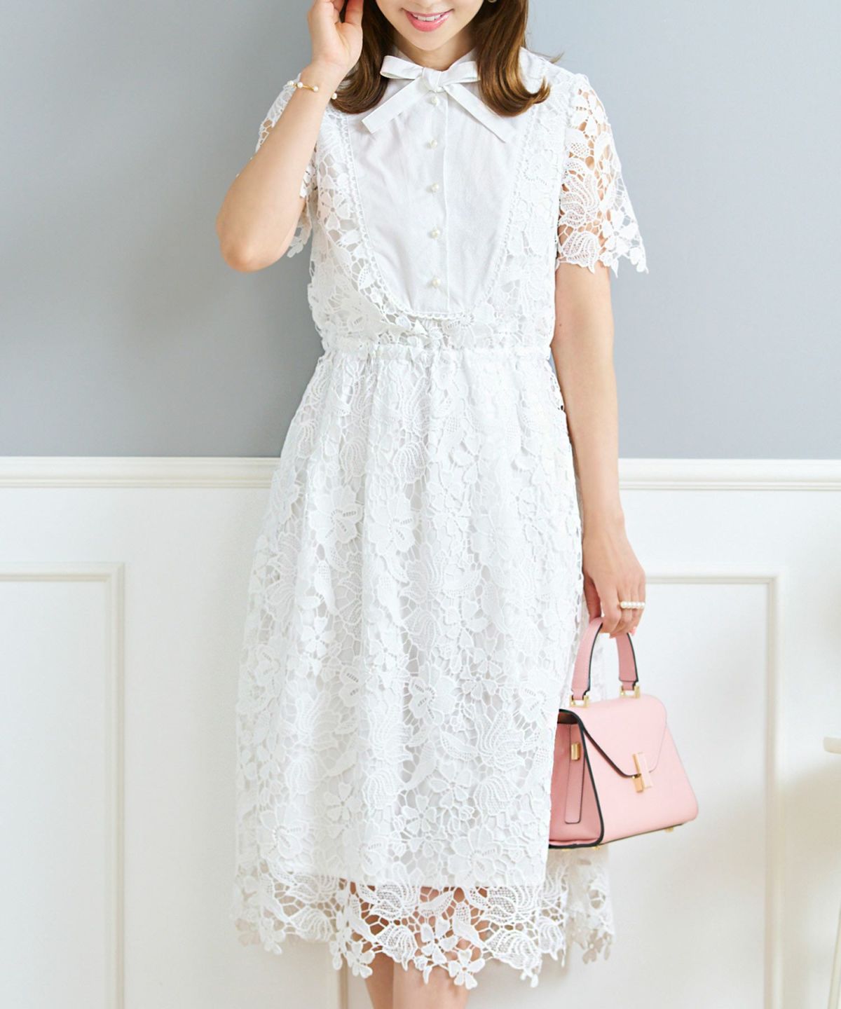 レースのワンピースレディース白黒半袖フォーマル重ね着風膝丈ウエストゴムきれいめ大人春夏ジョイントスペース