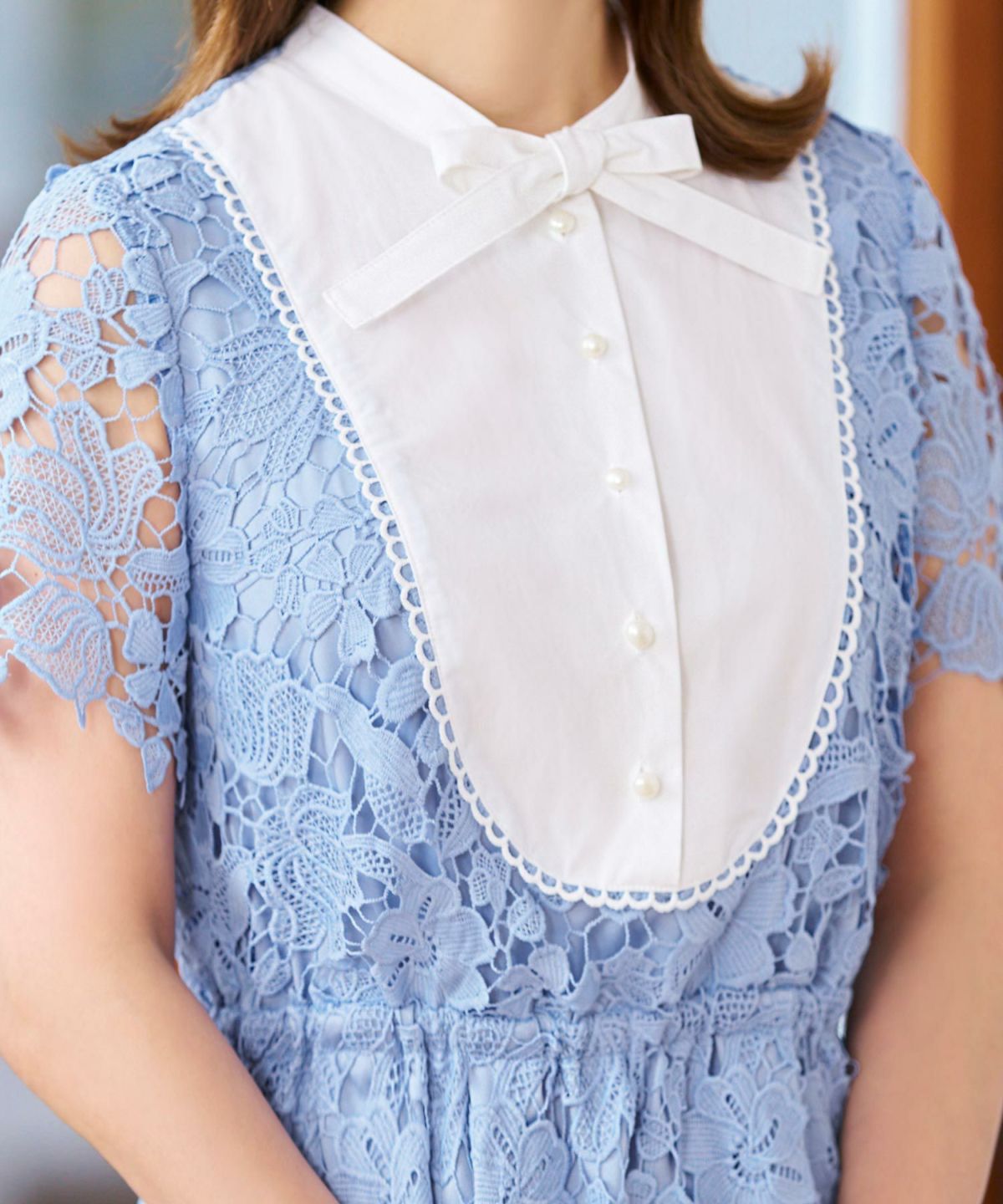 レースのワンピースレディース白黒半袖フォーマル重ね着風膝丈ウエストゴムきれいめ大人春夏ジョイントスペース