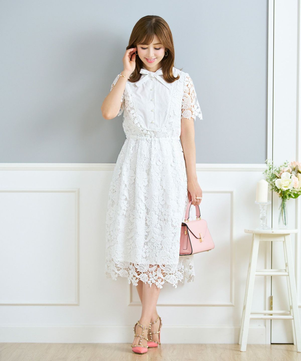 レースのワンピースレディース白黒半袖フォーマル重ね着風膝丈ウエストゴムきれいめ大人春夏ジョイントスペース