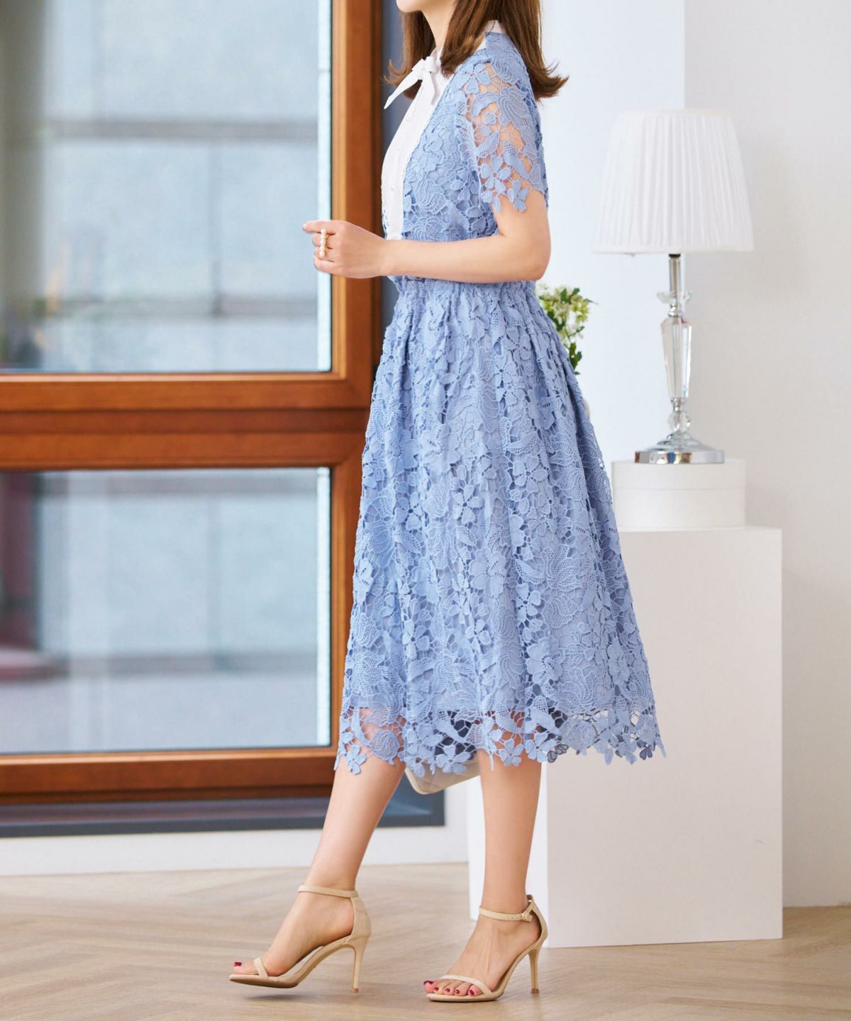 レースのワンピースレディース白黒半袖フォーマル重ね着風膝丈ウエストゴムきれいめ大人春夏ジョイントスペース