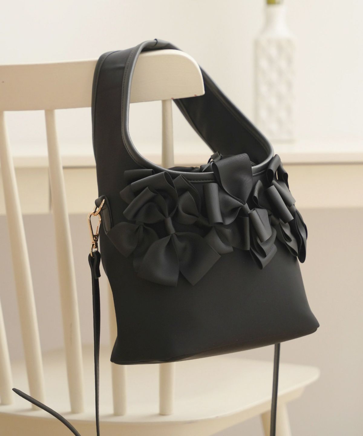 セレクト バッグ 鞄 リボン 巾着 ハンドバッグ ショルダーバッグ 紐取り外し 黒 ジョイントスペース