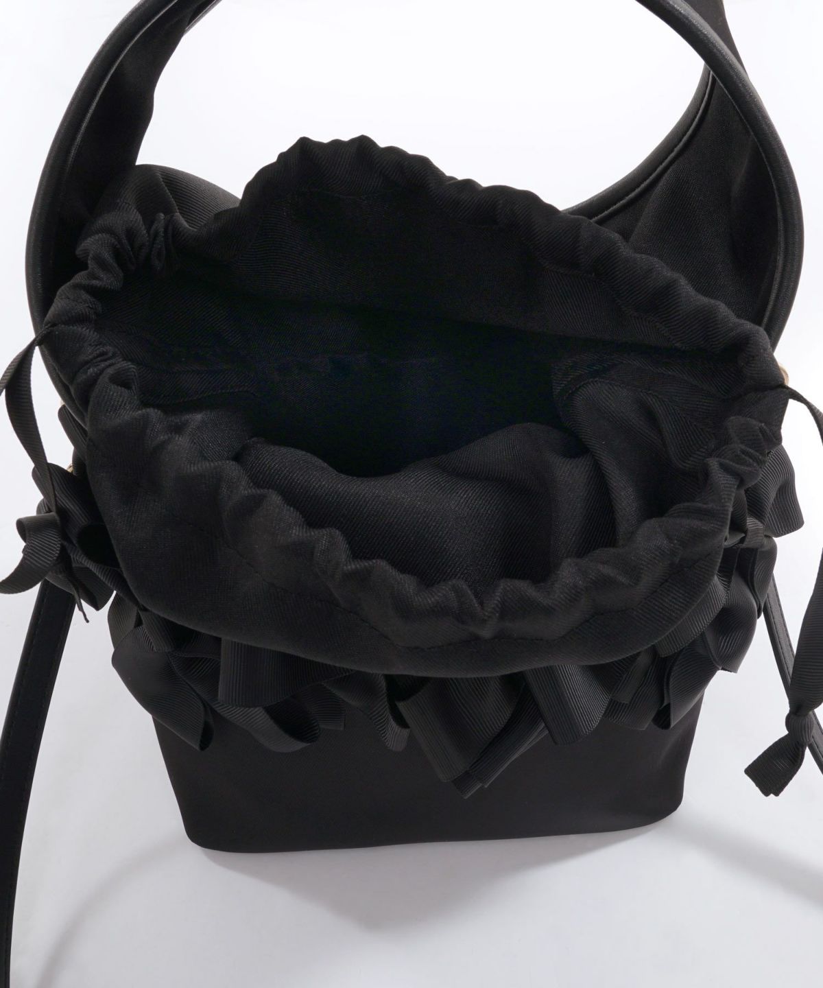 セレクト バッグ 鞄 リボン 巾着 ハンドバッグ ショルダーバッグ 紐取り外し 黒 ジョイントスペース